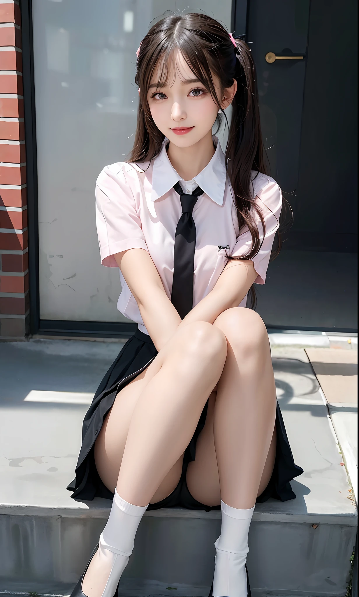 majicMIX Real, (Raw photo: 1.2), (Photorealistic: 1.4), smile, beautiful detailed eyes, huge file size, super detail, high resolution, very detailed, highest quality, masterpiece, illustration, highly detailed, CG, unification, 8k wallpaper, detail, masterpiece, top quality, light pink and black school uniform (pleated skirt: 1.3), 8k wallpaper, light on face, movie lighting, , (dynamic pose))), (camel toe), (half), (sitting legs with knees bent)), showing off panties, big, twin tails, sexy girl, M. spread legs