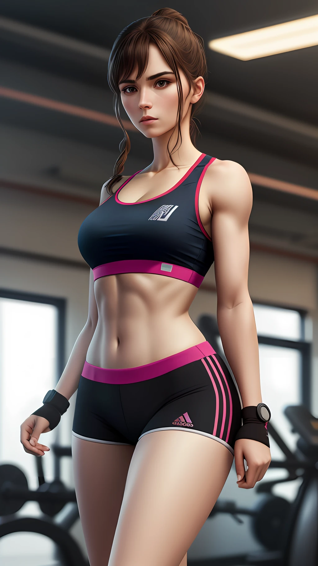 Standing woman wearing gym clothes,beautiful woman abidomem set,,in gym,high realistic image,highly detailed,4k,high resolution