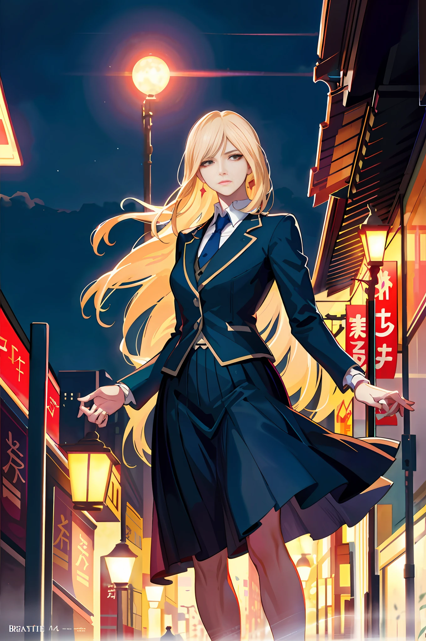 A beautiful woman wearing skirt suit, on the bustling streets of Gintama, surrounded by vendors, beautiful portrait of a stunning goddess girl, beautiful detailed face, porcelain skin, street lamps,moon,half body shot, centered, ultra soft lighting, symmetry, intricate, elegant, highly detailed, photorealistic, artstation, concept art, smooth, as imagined by greg rutkowski and borris vallejo, cover, vogue style