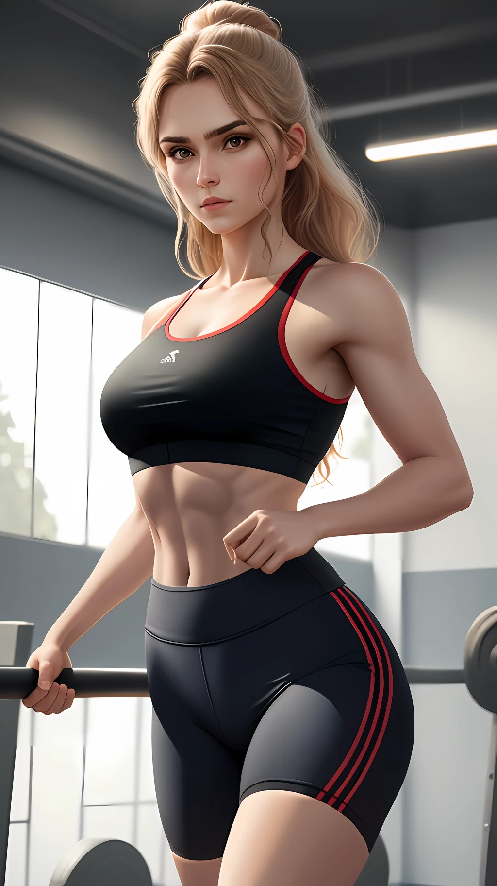 Standing woman wearing gym clothes,beautiful woman abidomem set,,in gym,high realistic image,highly detailed,4k,high resolution