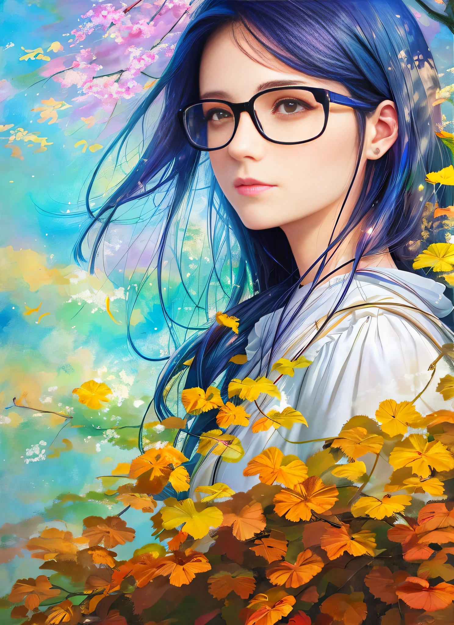 a painting by mse a woman wearing glasses by agnes cecile, off shoulder, luminous design, pastel colours, ink drips, autumn lights