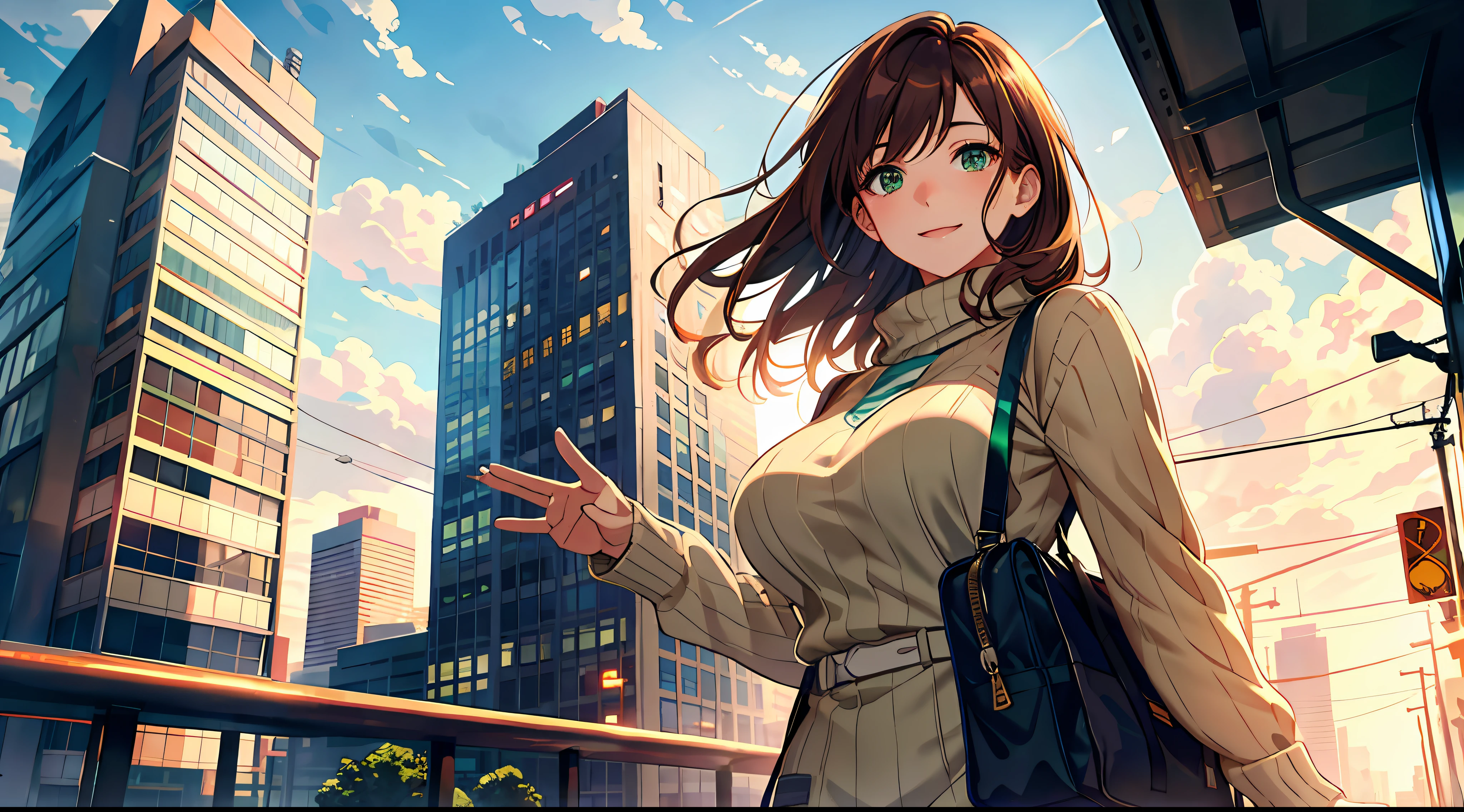 High Resolution, Best Quality, Beautiful One Office Lady, Waving, Illustration, Ultra Detailed, (Detailed Face), Soft Lighting, Best Quality, Hazy Glow, Dreamy Atmosphere, Ultra Detail, Masterpiece, One Girl, Solo, Brown Hair, Green Eyes, Knitwear, Bright Eyes, Medium Breasts, Cowboy Shot, From Below, Outdoor, Smile, Morning, Clouds, Skyscrapers in the background, Industry, Public transport, Urban, concrete building, concrete, sidewalk, busy, tree,