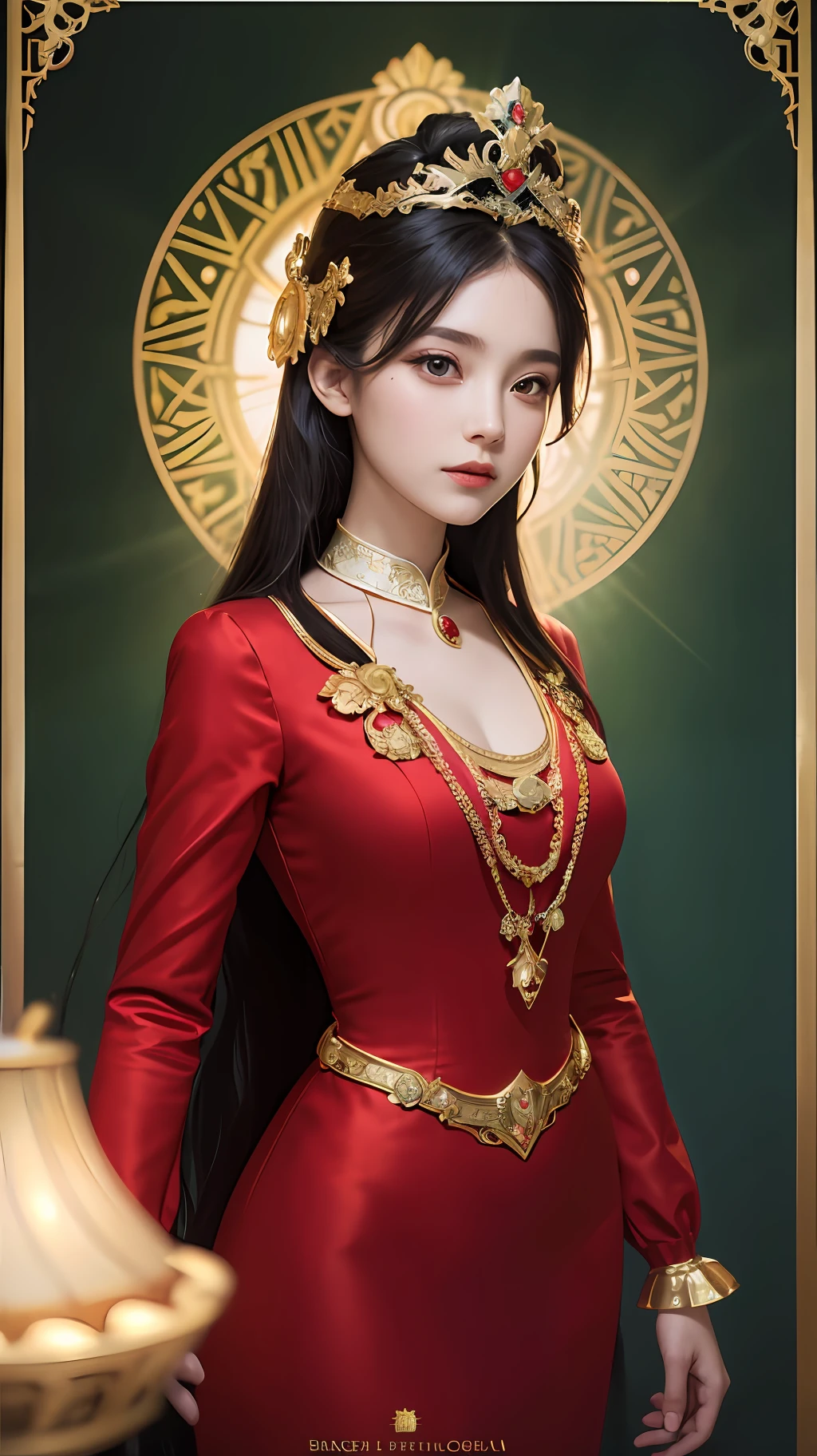 1 heroine, 1 beautiful princess, In the Dark: 1.6), surreal female portrait by David Hockney and Alphonse Mucha, fantasy art, korea doll, photorealism, dynamic lighting, artstation, poster, volumetric lighting, very detailed faces, 8k ultra, all body, Awarded, in the dark, deep shadow, low key, cowboy lens, (Red phoenix dress: 1.4), long hair, black hair, bust, luxurious palace, Royal style, Princess crown, Big round black eyes, style Royal, The most beautiful face, big and regular breasts, Super realistic,
