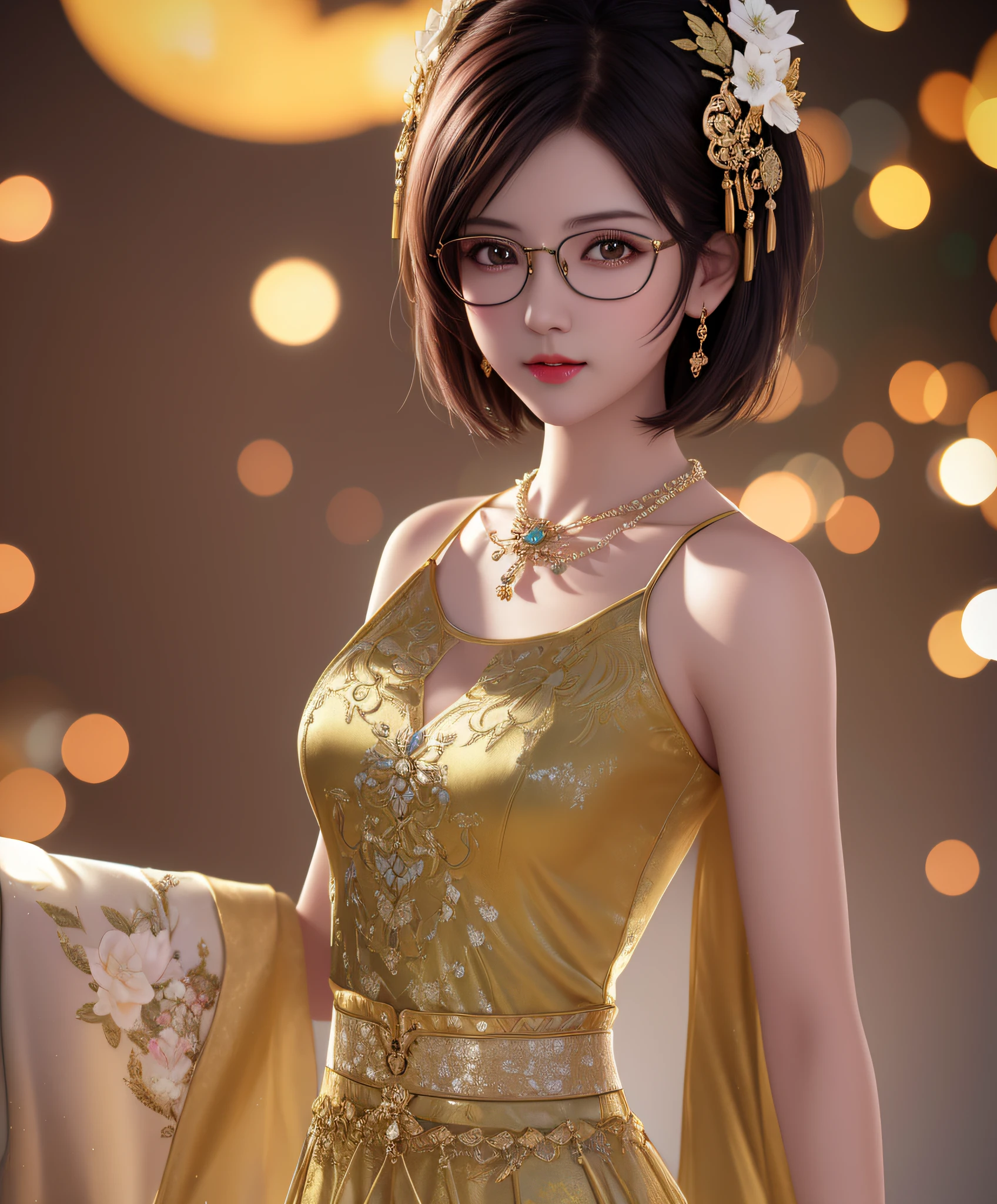 best quality, masterpiece, highres, 1girl with glasses,china dress,hair ornament, short hair,necklace, jewelry,Beautiful face,upon_body, tyndall effect,photorealistic, dark studio, rim lighting, two tone lighting,(high detailed skin:1.2), 8k uhd, dslr, soft lighting, high quality, volumetric lighting, candid, Photograph, high resolution, 4k, 8k, Bokeh,