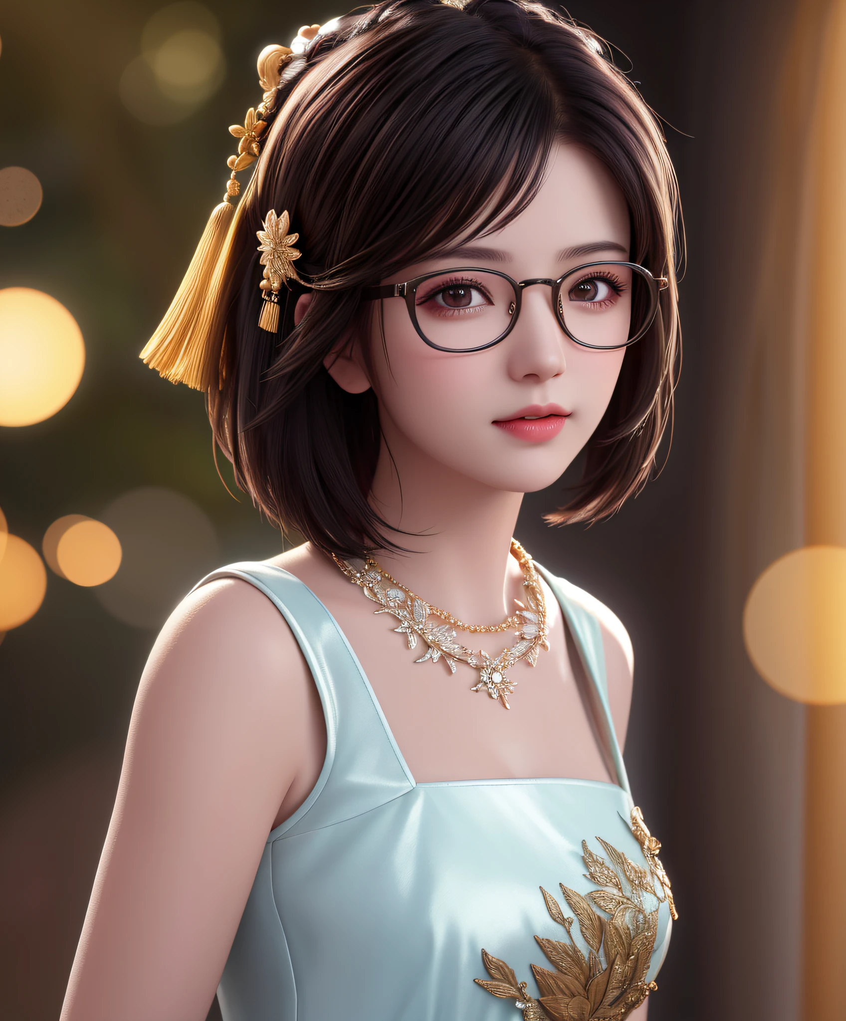 best quality, masterpiece, highres, 1girl with glasses,china dress,hair ornament, short hair,necklace, jewelry,Beautiful face,upon_body, tyndall effect,photorealistic, dark studio, rim lighting, two tone lighting,(high detailed skin:1.2), 8k uhd, dslr, soft lighting, high quality, volumetric lighting, candid, Photograph, high resolution, 4k, 8k, Bokeh,