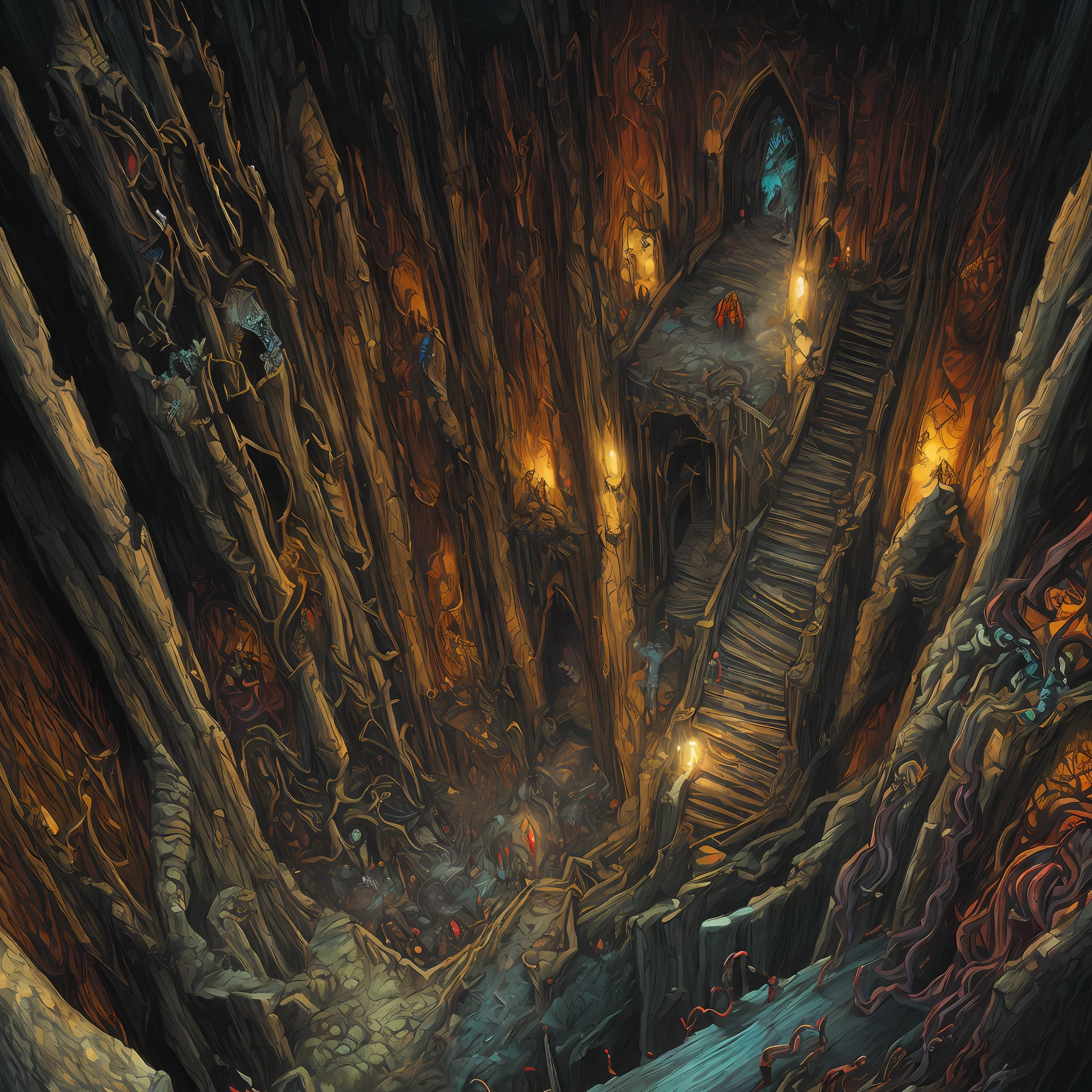 Vast angle, view from the top, inside Dol Guldur, dark floors, a floor with balcony to view the abyss that come out tentacles, and floor with evil staircase down, thorns, spiked walls. Scary illustration, Horror art, hyper-detailed painting, colorful drawing, art by Dan Seagrave