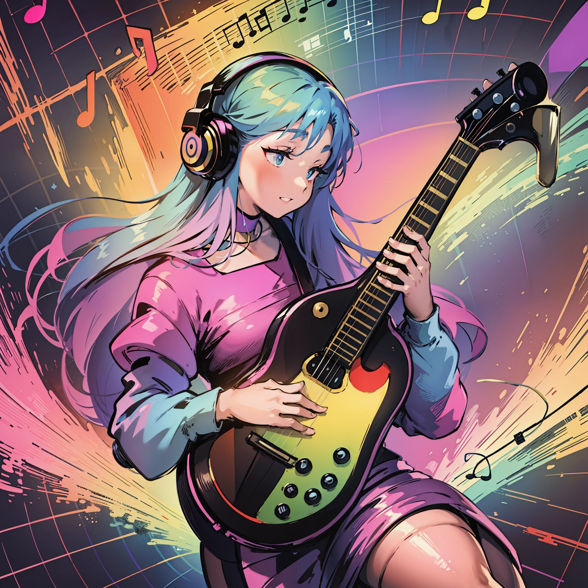 a painting of flat colors, rainbowshift person listening to music, music notes, Synesthesia --auto --s2