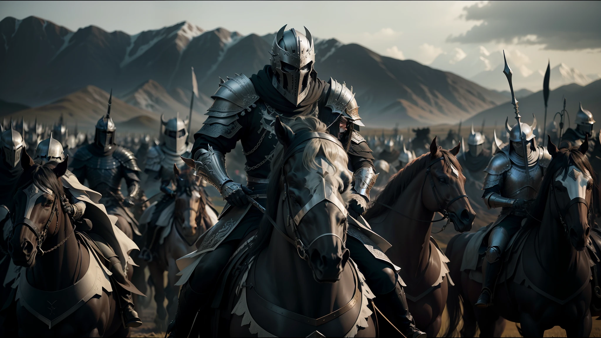 there are many people riding horses in a field with mountains in the background, berserk skullknight black armor, still image from the movie, enes dirig, sleek white armor, skeleton king, by Wang Jian, siege, tuba knight, by Kim Du-ryang, erwin olaf, the most epic