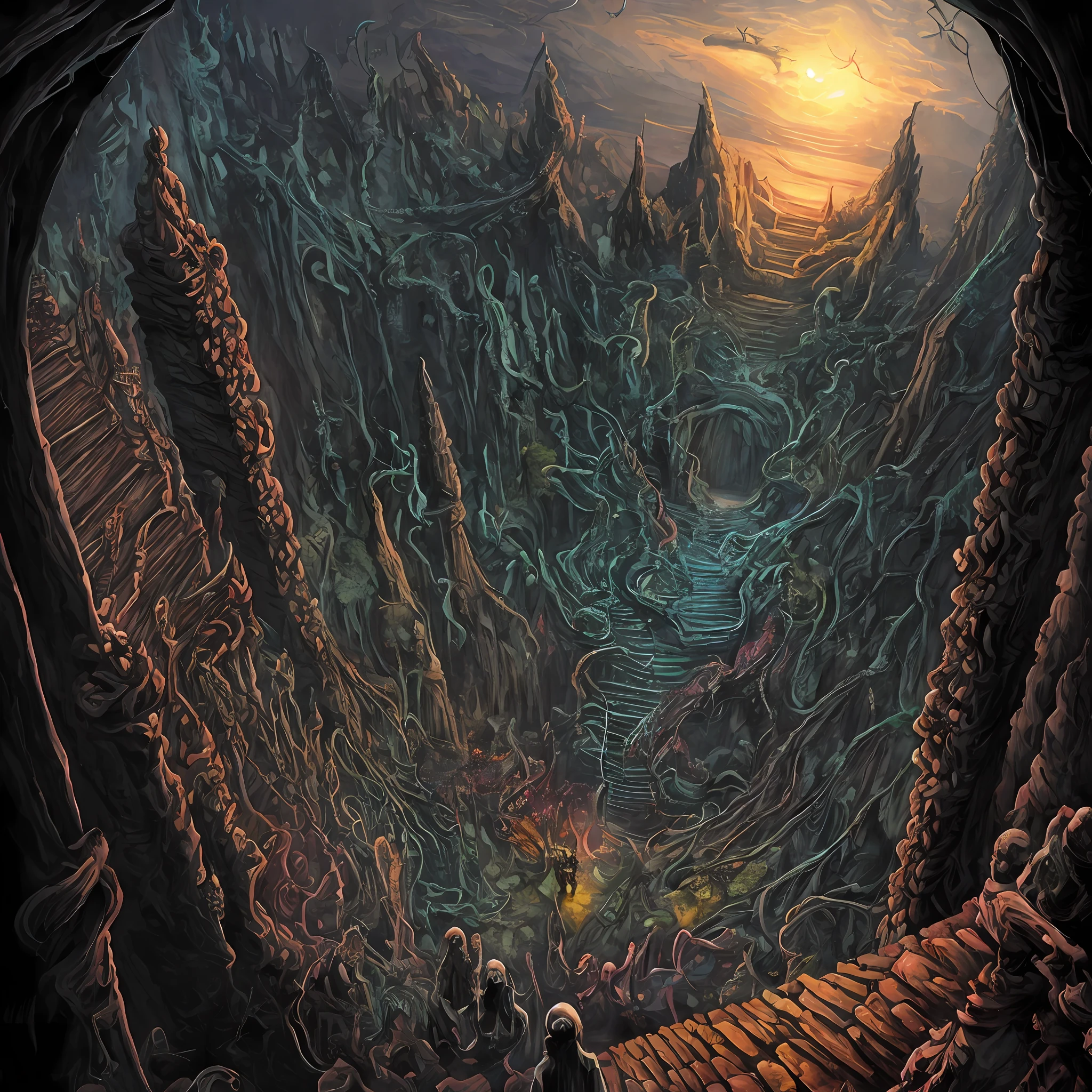 Vast angle, view from the top, inside Dol Guldur, dark floors, a floor with balcony to view the abyss that come out tentacles, and floor with evil staircase down, thorns, spiked walls. Scary illustration, Horror art, hyper-detailed painting, colorful drawing, art by Dan Seagrave