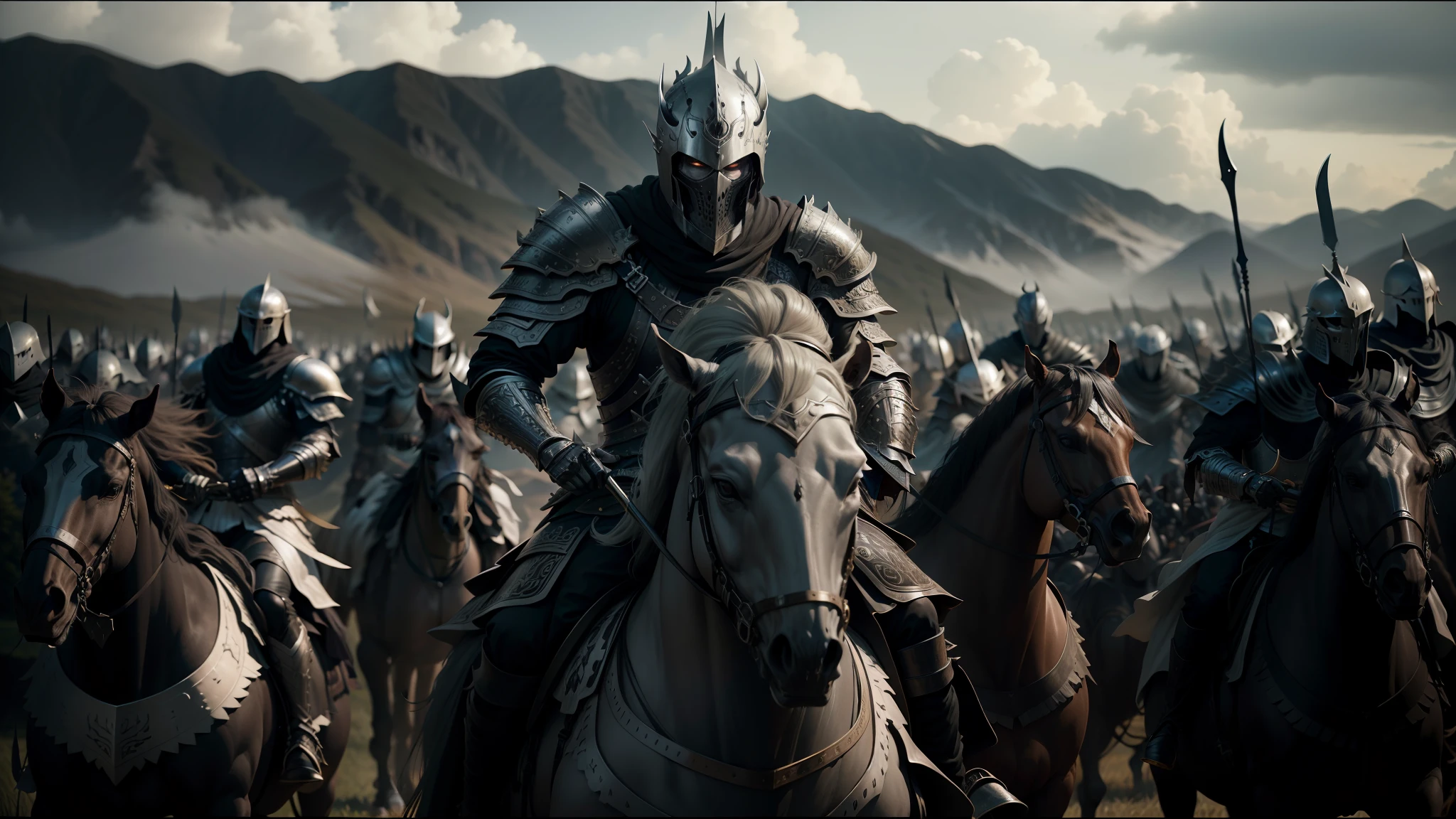 there are many people riding horses in a field with mountains in the background, berserk skullknight black armor, still image from the movie, enes dirig, sleek white armor, skeleton king, by Wang Jian, siege, tuba knight, by Kim Du-ryang, erwin olaf, the most epic