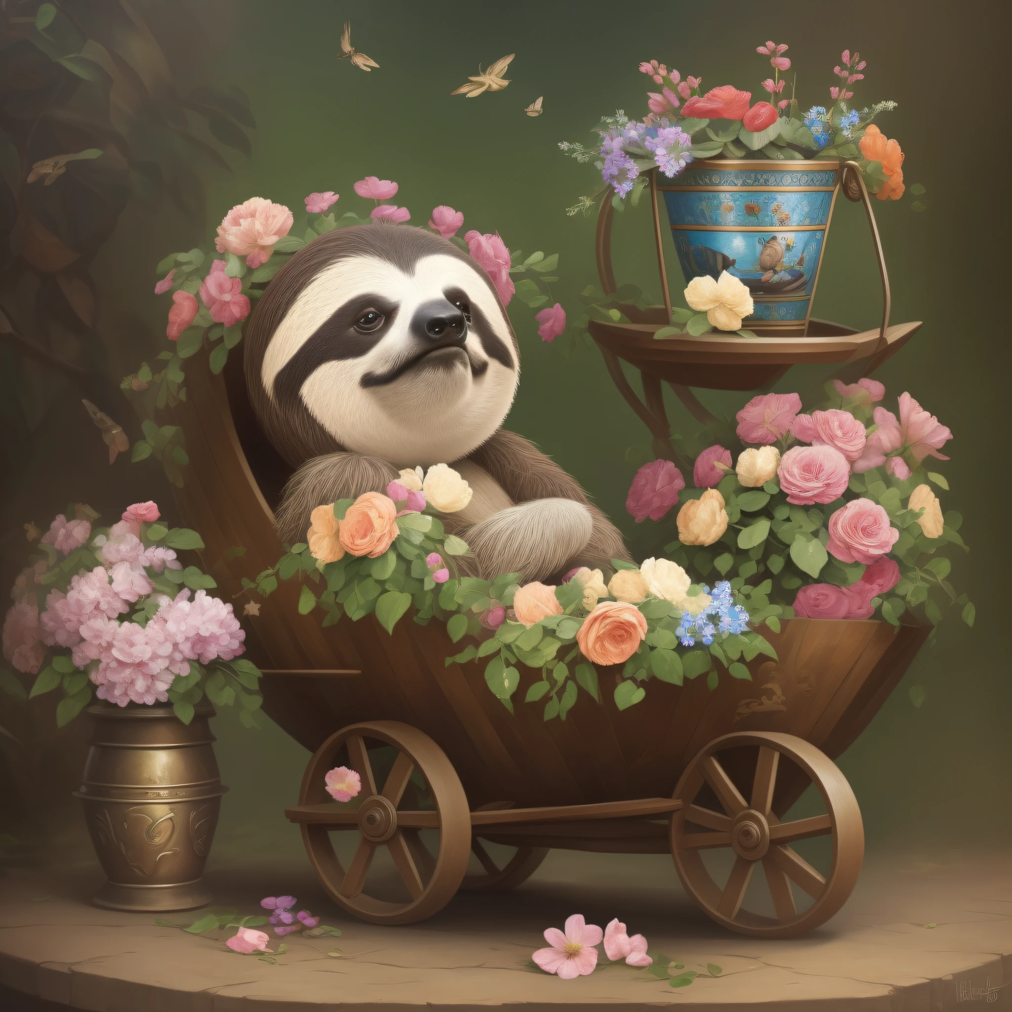 there is a slotty slotty slotty bear laying in a wheelbarrow with flowers, anthropomorphic sloth, sloth, animal sloth, by Alexander Kucharsky, relaxing after a hard day, by andrei riabovitchev, sloth as the king of cups, adorable digital painting, by Igor Kufayev, trending on deviantarthq”, relaxing
