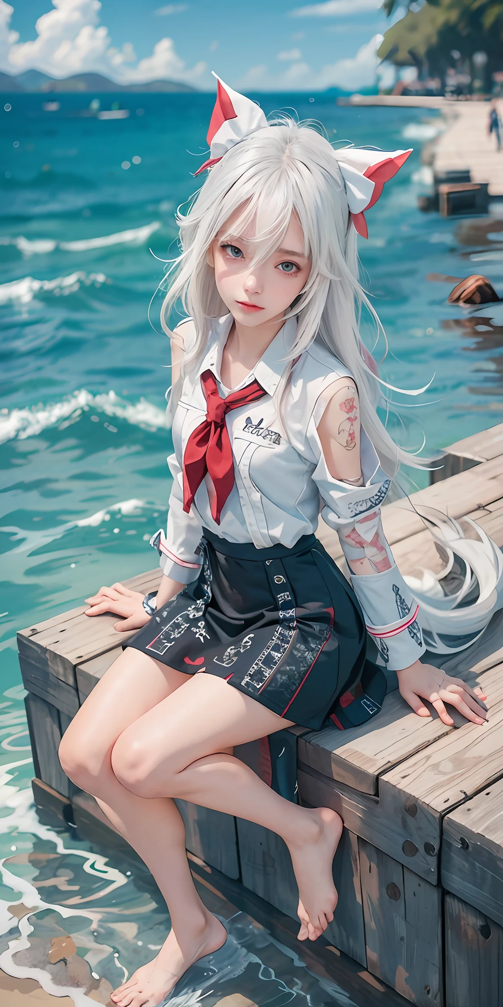 girl sitting on a dock with her legs crossed, kantai collection style, perfect white haired girl, detailed skin texture, detailed cloth texture, detailed face, super detail, 8k, intricate detail, 1girl,
