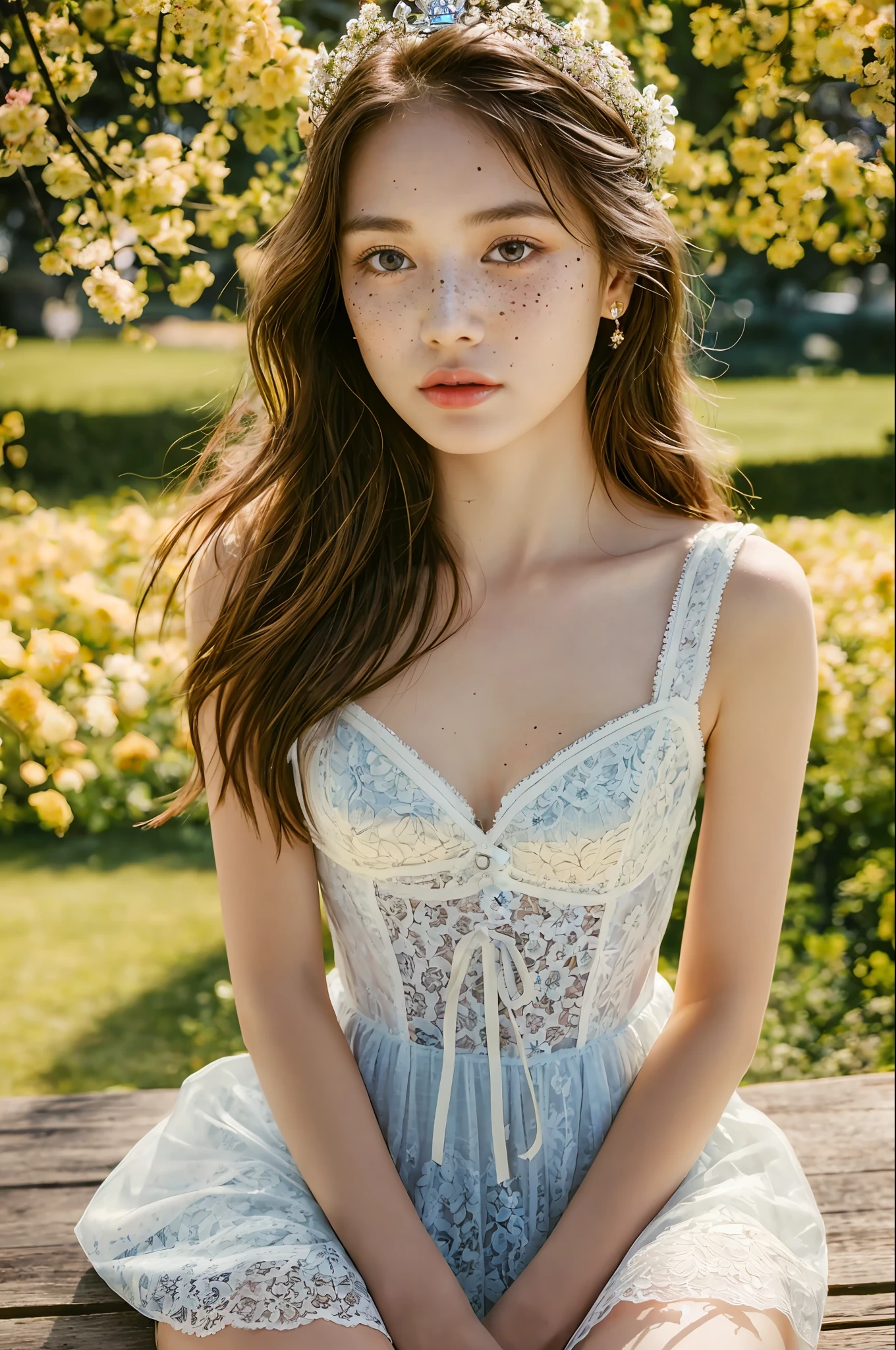 RAW, analog, Nikon Z 85mm, award winning glamour photograph,((best quality)), ((masterpiece)), ((realistic)), 18th century, vintage image, gorgeous French woman wearing, lace dress and corset, wearing a crown, 25 year old, (long brown hair), hazel eyes, small perky breasts, sitting outside at a Paris caf, eiffel tower in background, petite, ((small breasts)), innocent, flower pedals in the air, ((freckles)), intricate details, highly detailed, sharp focus, professional, 4k, spring flowers blooming, god rays, hand model, stunning blue eyes, petite, delicate, innocent,highres, detailed facial features, high detail, sharp focus, smooth, aesthetic, extremely detailed, photo_\(ultra\), photorealistic, realistic, post-processing, max detail, roughness, real life, ultra realistic, photorealism, photography, 8k uhd, photography, SEMI-SILHOUETTE light, russian face