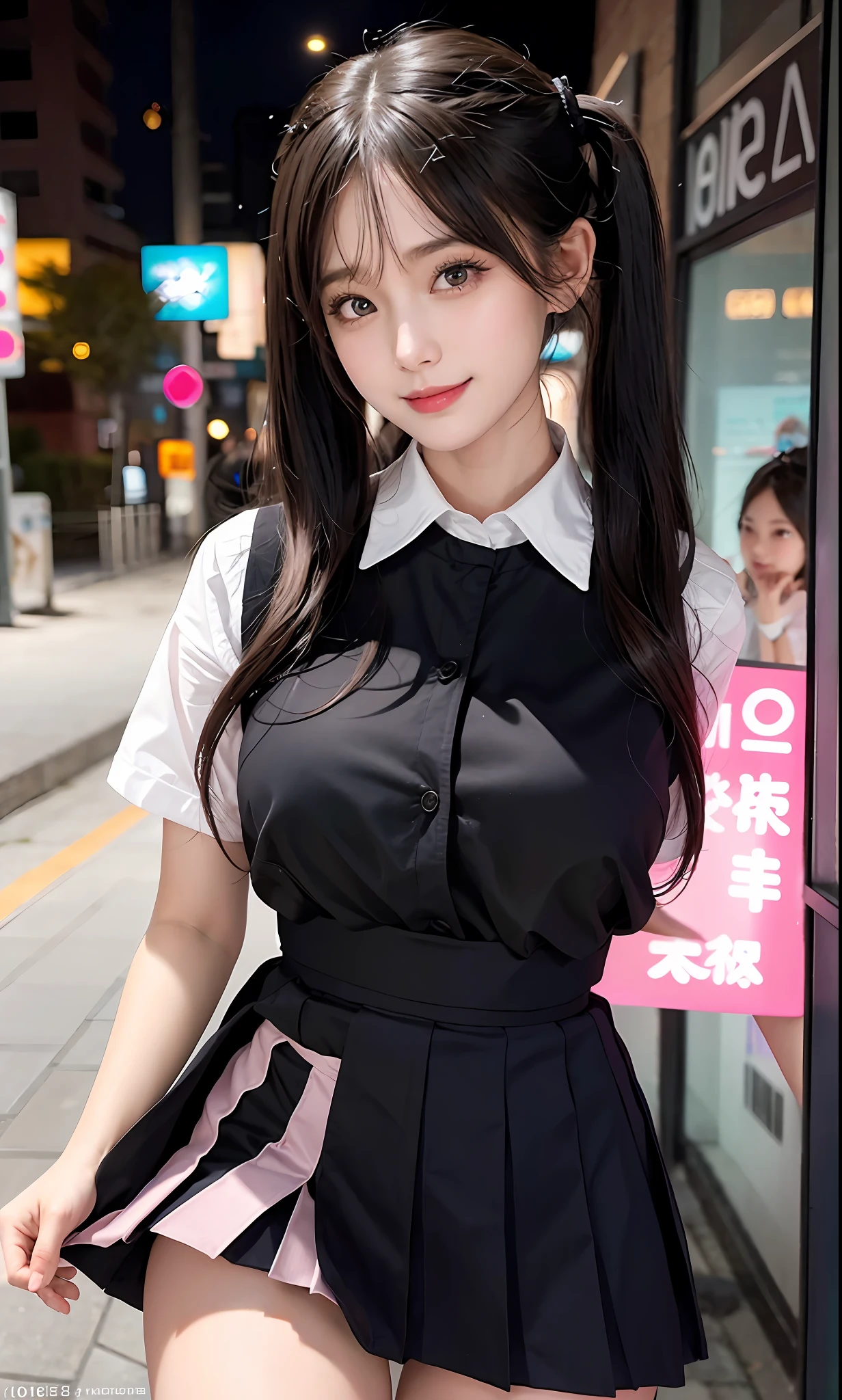 majicMIX Real, (Raw photo: 1.2), (Photorealistic: 1.4), smile, beautiful detailed eyes, huge file size, super detail, high resolution, very detailed, highest quality, masterpiece, illustration, highly detailed, CG, unification, 8k wallpaper, detail, masterpiece, top quality, light pink and black school uniform (pleated skirt: 1.3), 8k wallpaper, light on face, movie lighting, 1 , (((Dynamic pose))), showing off panties, big, twin tails, sexy girl, M. spread legs, striped pants