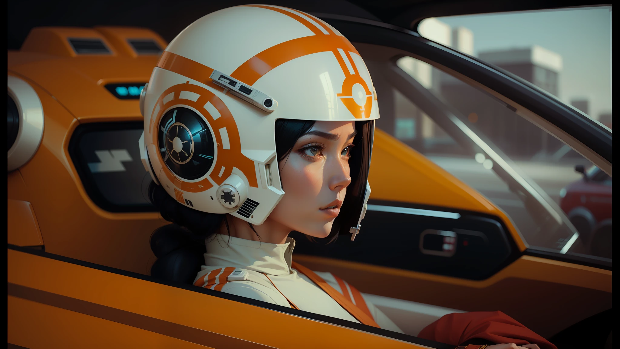 there is a woman in a star wars helmet sitting in a car, amy sol in the style of, movie cgi, hq 8k cinematic, anamorphic, drawn like the anime speed racer, marco plouffe, by Wes Anderson, ruan jian, beautiful sci - fi twins, 2029, starfighter