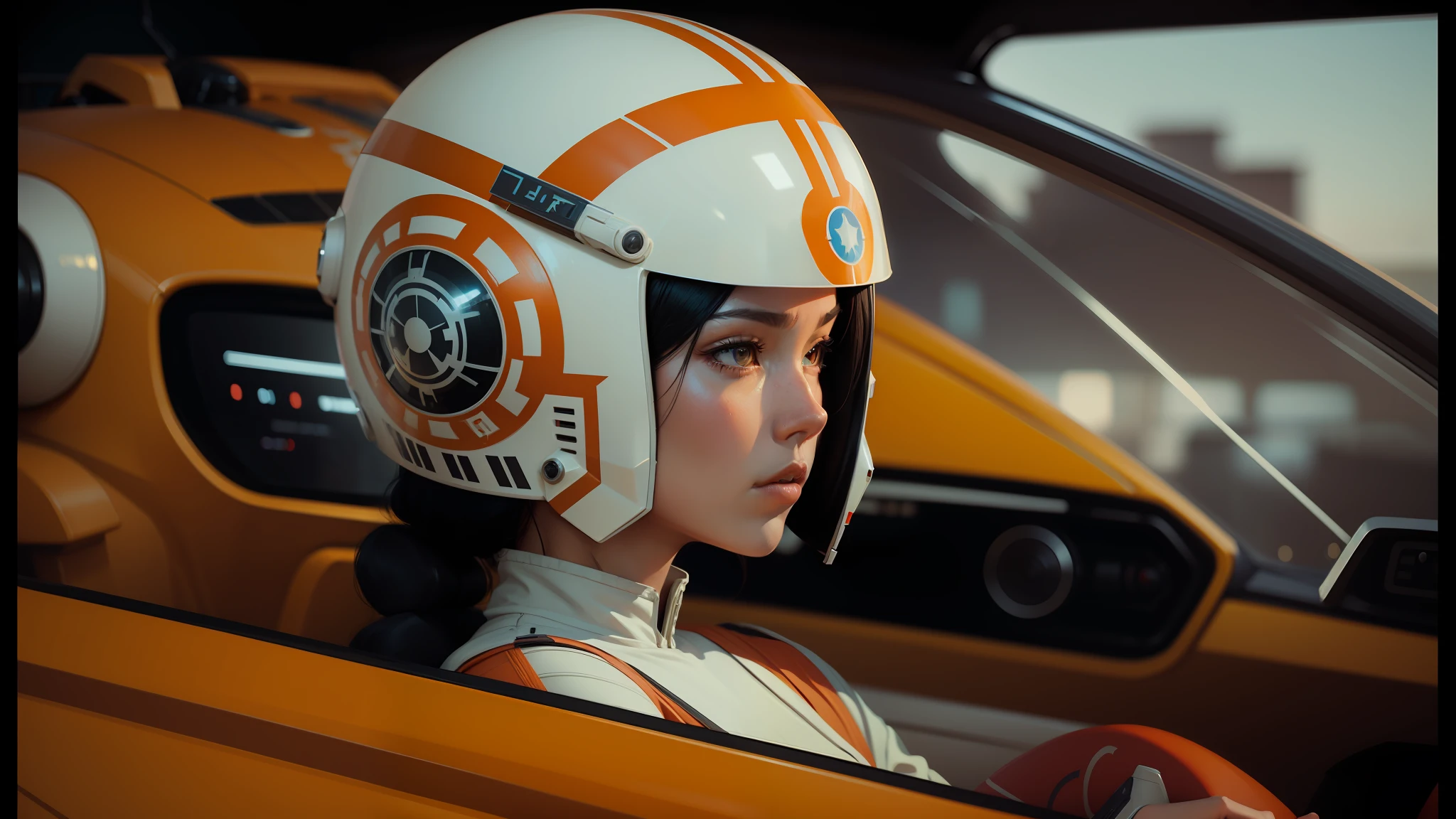 there is a woman in a star wars helmet sitting in a car, amy sol in the style of, movie cgi, hq 8k cinematic, anamorphic, drawn like the anime speed racer, marco plouffe, by Wes Anderson, ruan jian, beautiful sci - fi twins, 2029, starfighter