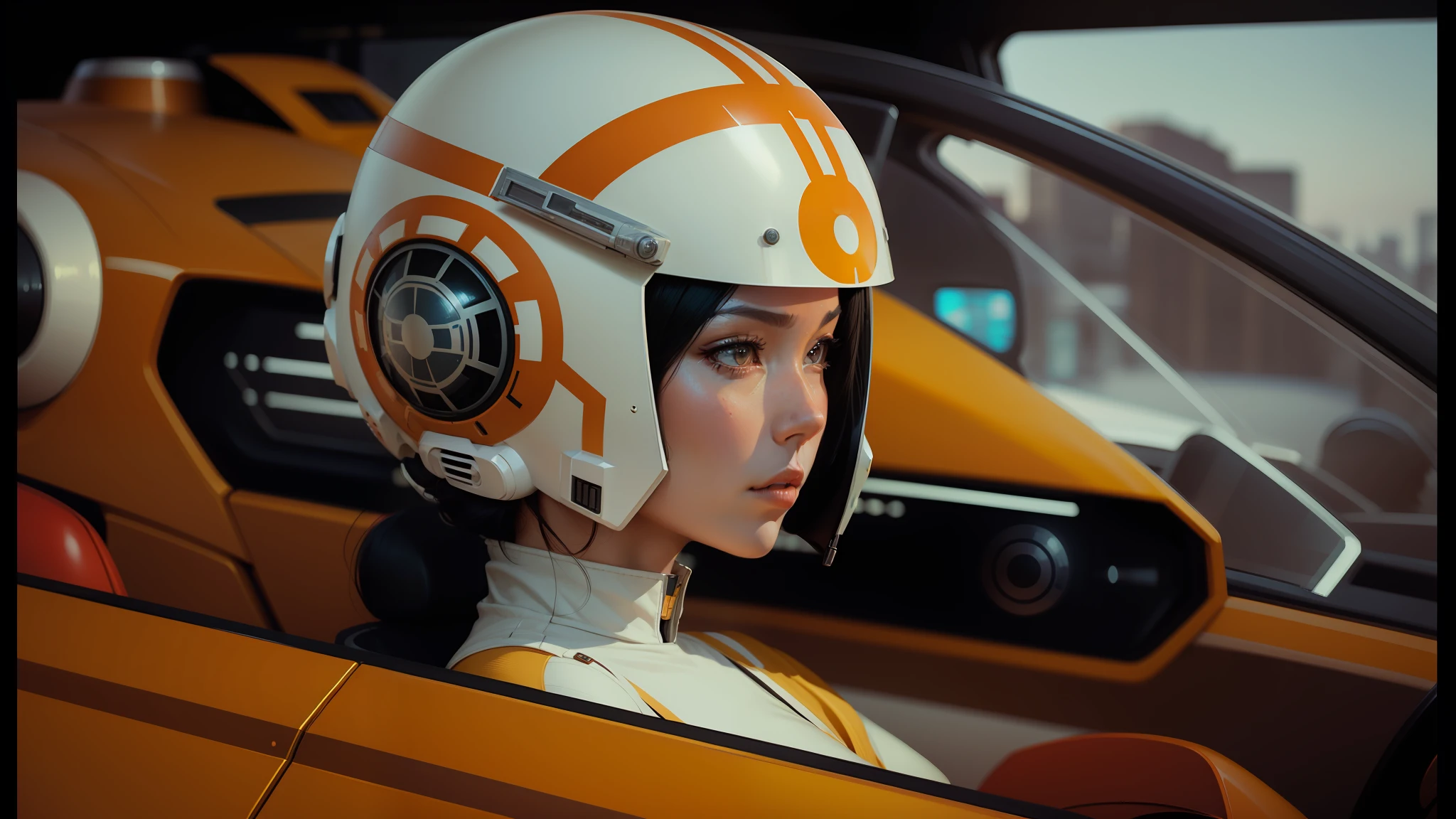 there is a woman in a star wars helmet sitting in a car, amy sol in the style of, movie cgi, hq 8k cinematic, anamorphic, drawn like the anime speed racer, marco plouffe, by Wes Anderson, ruan jian, beautiful sci - fi twins, 2029, starfighter