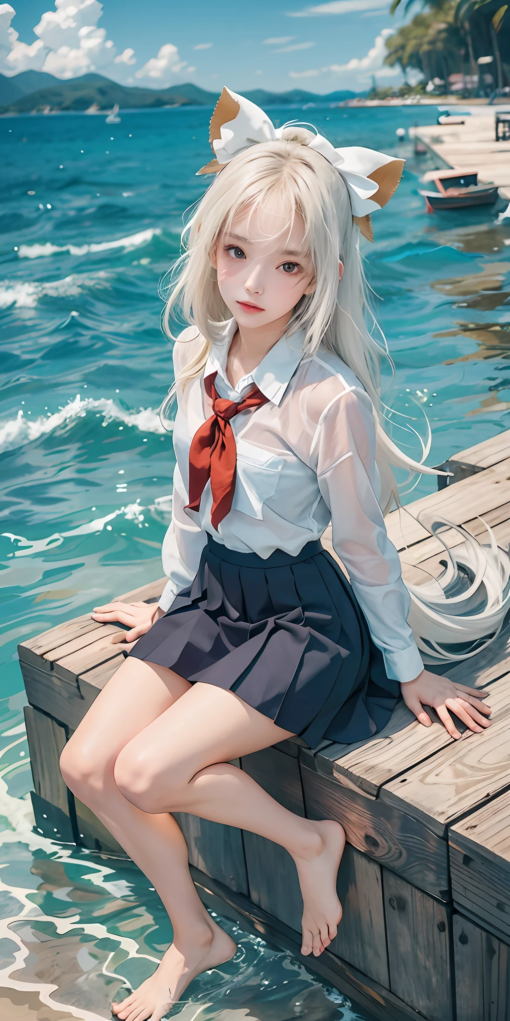 girl sitting on a dock with her legs crossed, clear skin, lustrous skin, simple cloth, simple skirt