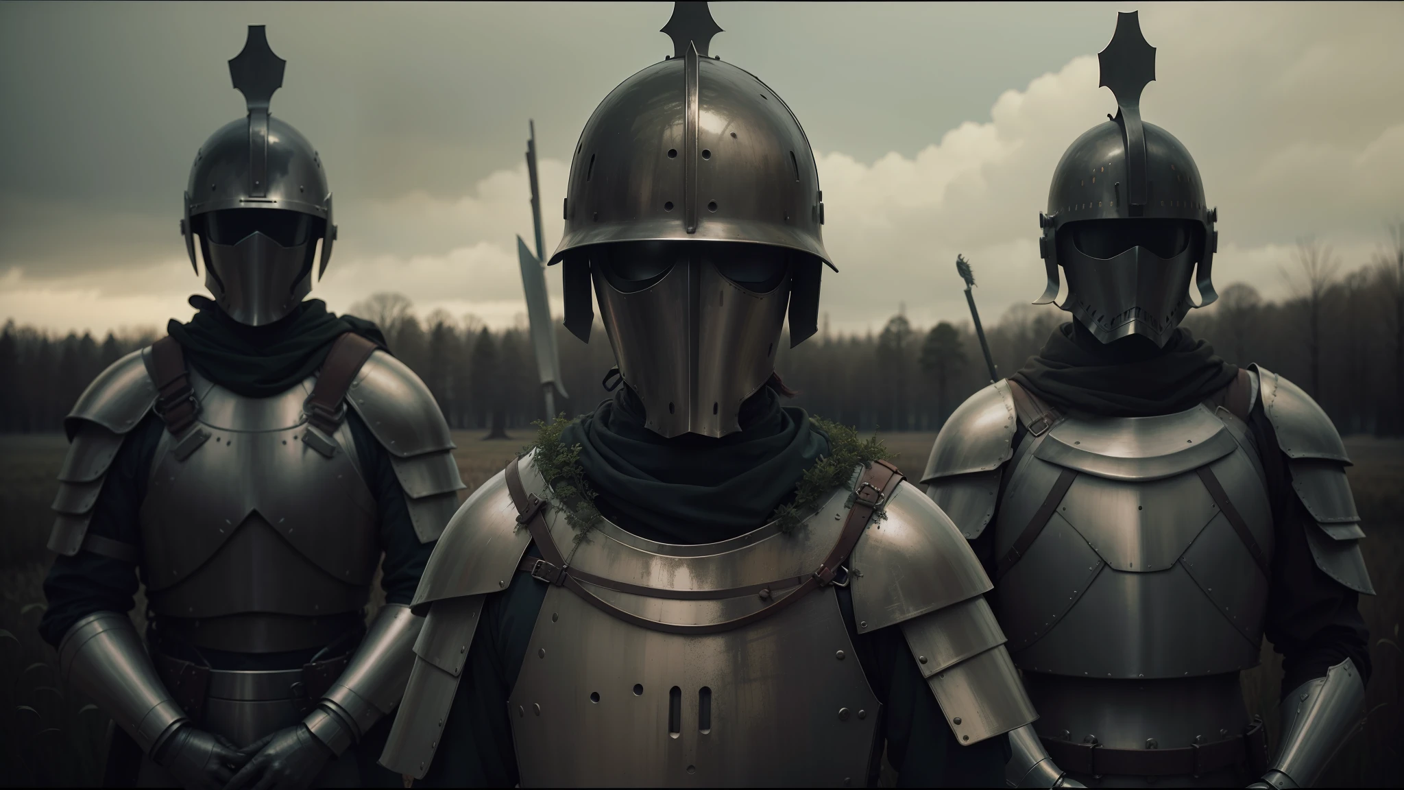 three men in armor standing in a field with trees in the background, vfx film closeup, inspired by Santiago Caruso, style of john kenn mortensen, holy crusader, riot shields, by Ferdynand Ruszczyc, minimal sleek design armor style, inspired by Stanisław Masłowski, beautiful female knight