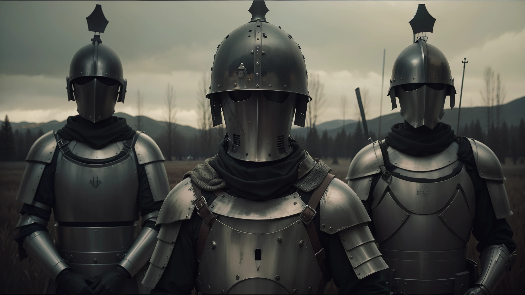 three men in armor standing in a field with trees in the background, vfx film closeup, inspired by Santiago Caruso, style of john kenn mortensen, holy crusader, riot shields, by Ferdynand Ruszczyc, minimal sleek design armor style, inspired by Stanisław Masłowski, beautiful female knight