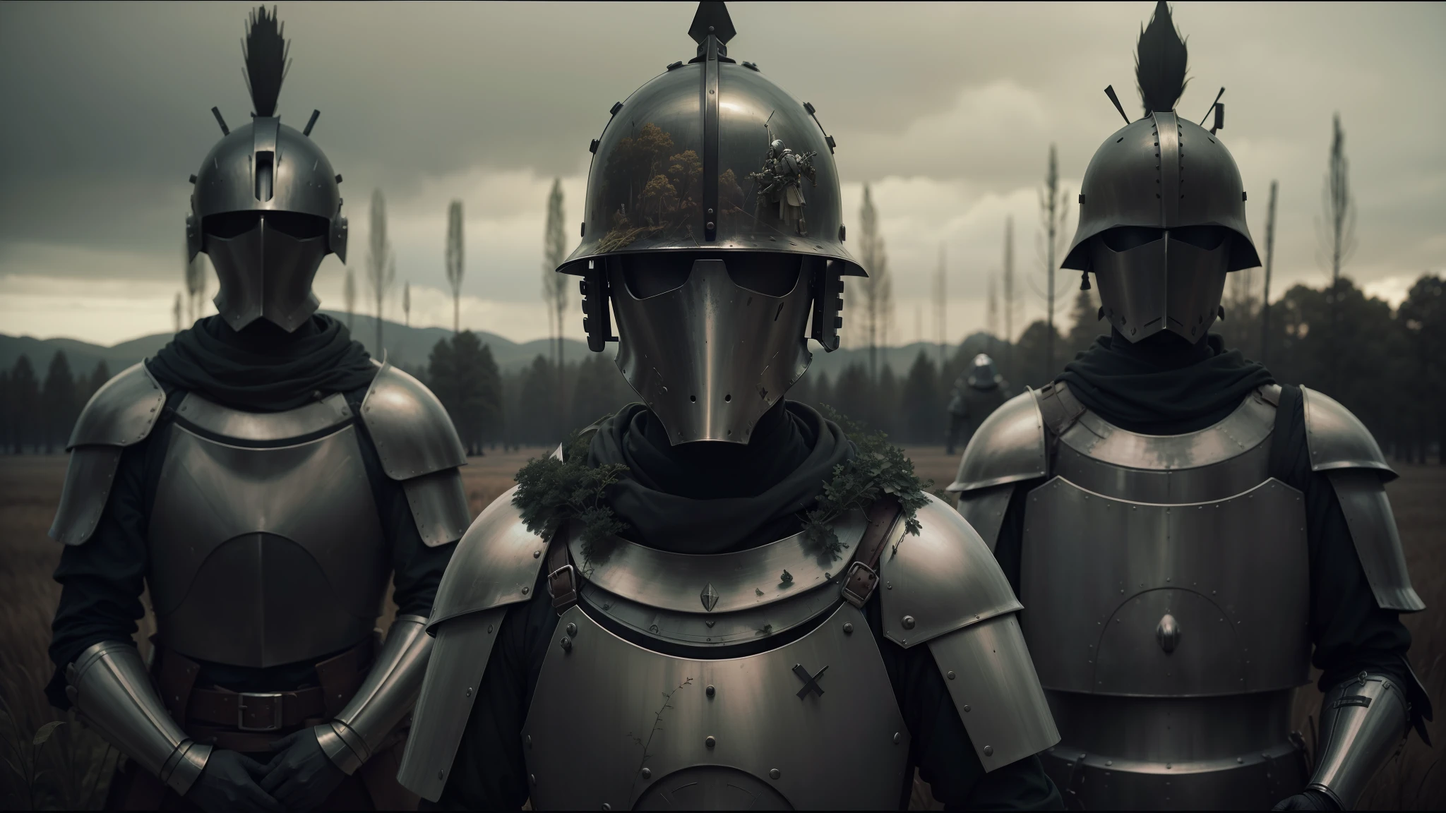 three men in armor standing in a field with trees in the background, vfx film closeup, inspired by Santiago Caruso, style of john kenn mortensen, holy crusader, riot shields, by Ferdynand Ruszczyc, minimal sleek design armor style, inspired by Stanisław Masłowski, beautiful female knight