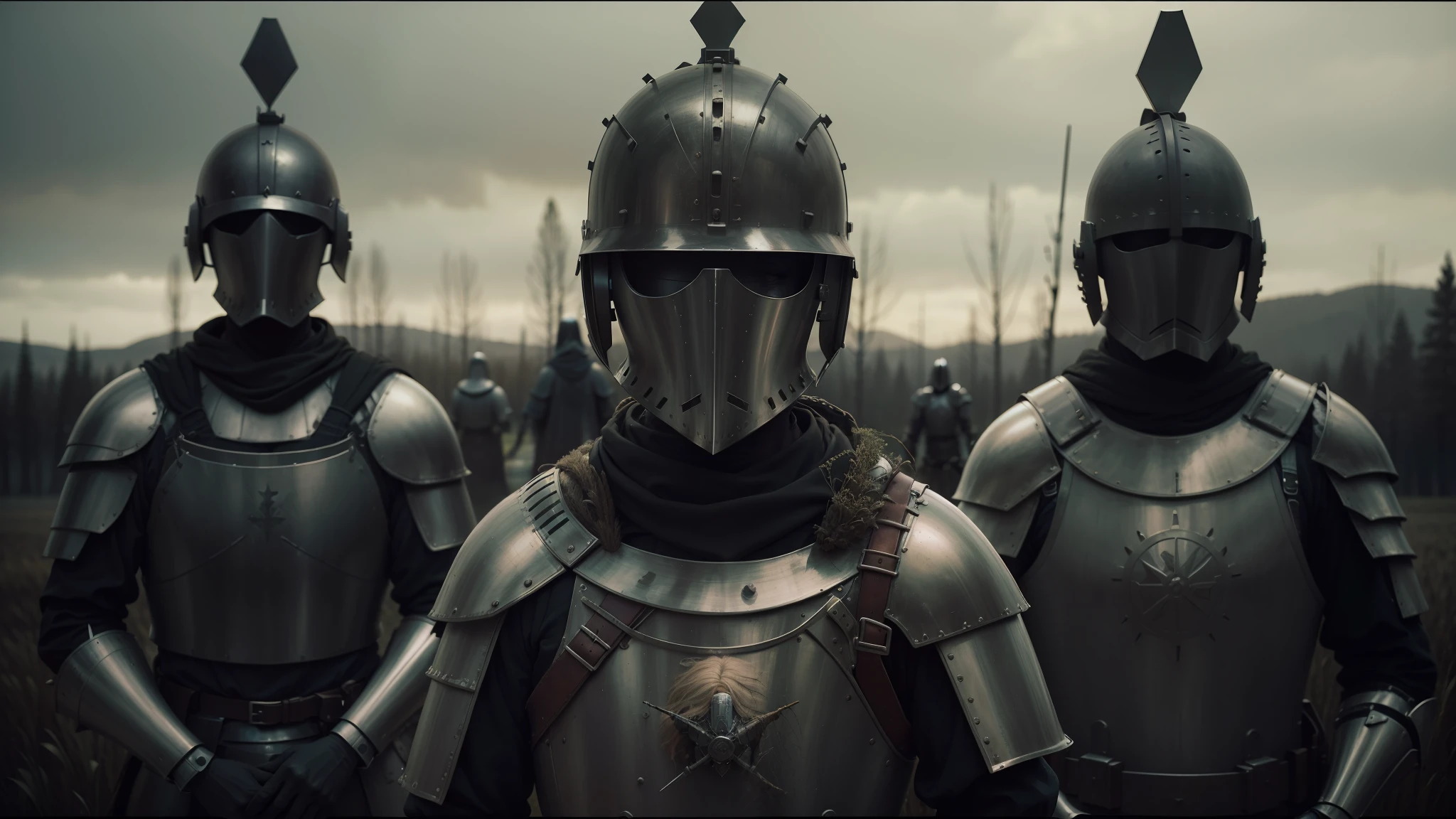 three men in armor standing in a field with trees in the background, vfx film closeup, inspired by Santiago Caruso, style of john kenn mortensen, holy crusader, riot shields, by Ferdynand Ruszczyc, minimal sleek design armor style, inspired by Stanisław Masłowski, beautiful female knight