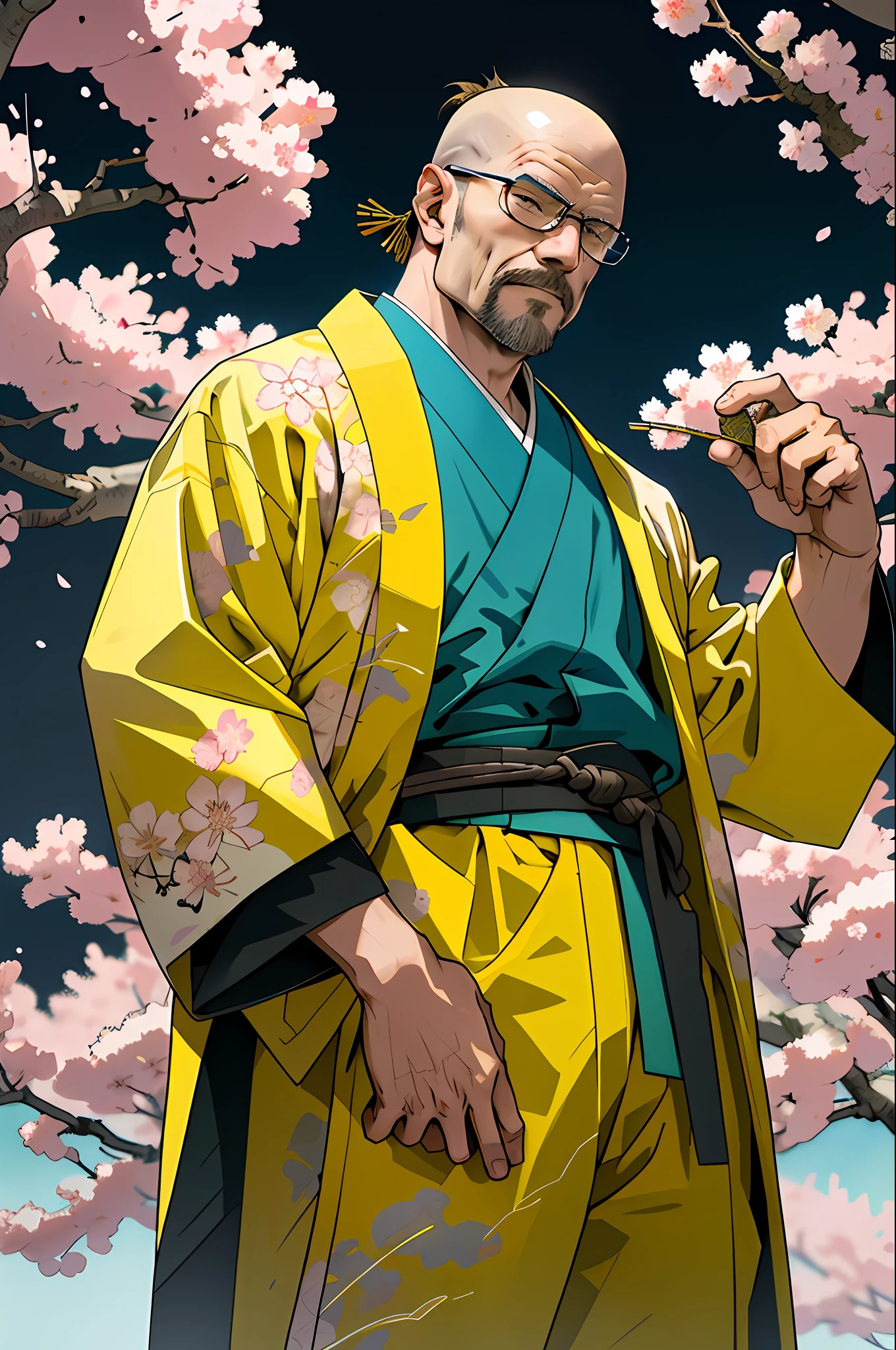 Walter White in ancient Japan, yellow suit, digital art, Japanese art, sakura on background, hyper detailed, hyper detailed background