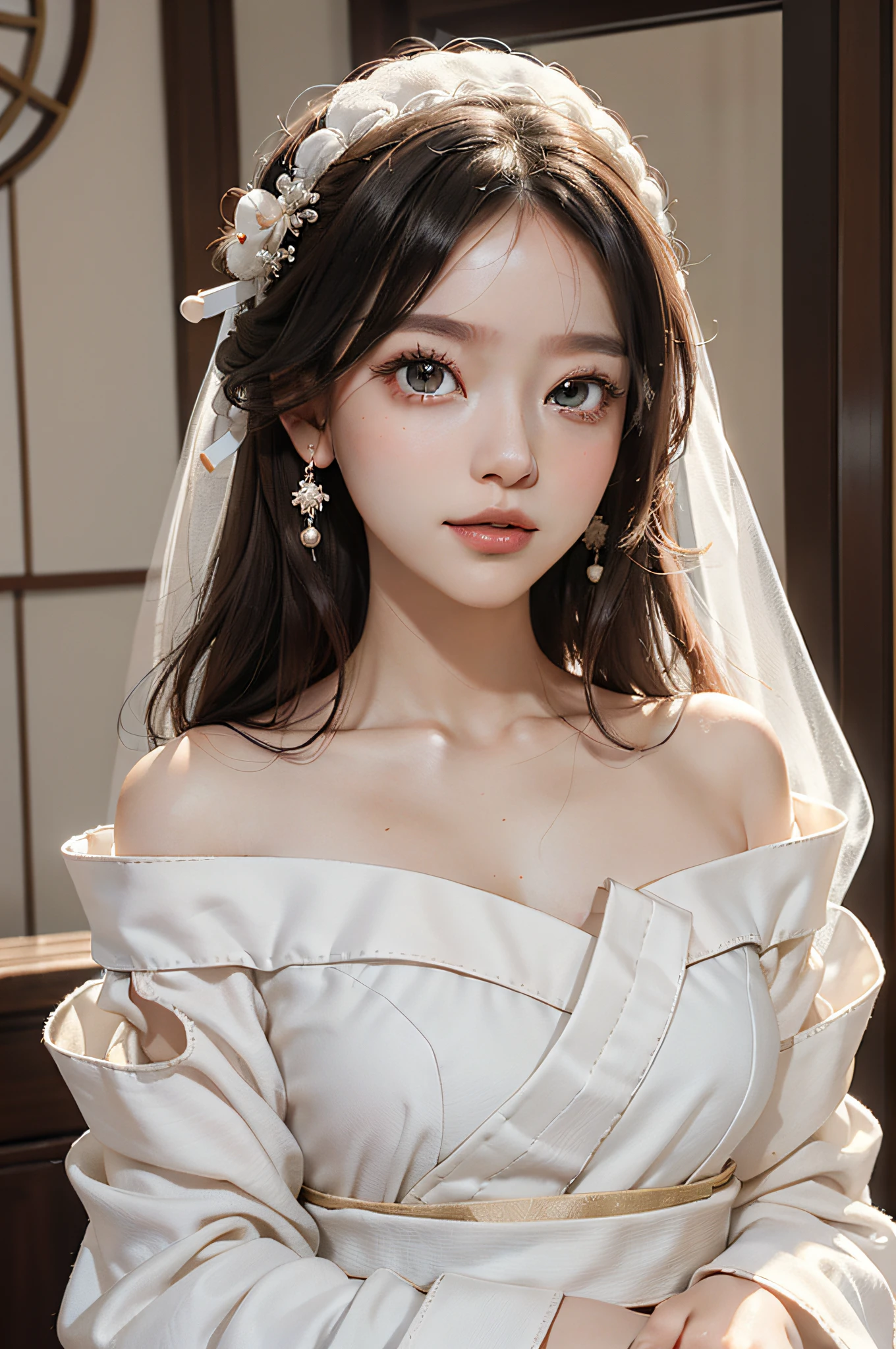 A beautiful and cute little girl, highest quality, exquisite picture, Tyndall effect, big eyes, long eyelashes, peach off-the-shoulder top, white Hanfu, Chinese Hanfu, wearing Hanfu, white veil, short brown hair, perfect facial features, clear face, delicate lips, smile, clean and beautiful background, gentle light, modern, realistic