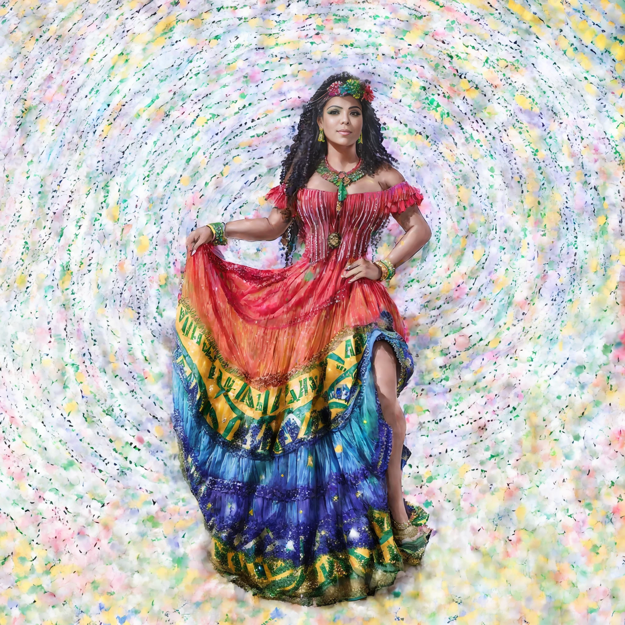 ((1 Brazilian woman in a colorful dress:2)), ((Brazilian)), ((solo)) perfect Latina woman, perfect hyper realistic woman, perfect woman, colorful Renaissance dress, multicolored, dressed in flowing long skirt, lady of elche, fat Latina woman dancing, high quality costume, Carmen sings beautifully, baroque queen of hibiscus, ((on a dirt floor)), ((with lit candles on the floor around)), ((night)), ((with a beautiful full moon in the background))