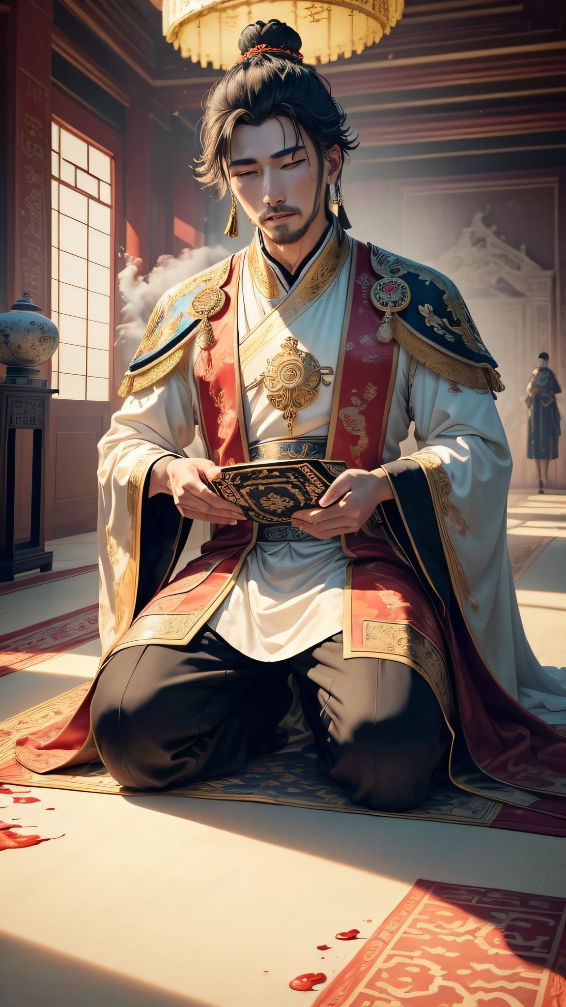 In the real scene, the ancient Chinese palace is located above the clouds, in the main hall of the royal palace, the emperor is sitting on the throne, wearing a luxurious ancient costume with a majestic face. Male craftsmen kneeling in front of the emperor, magnificent, glazed tiles, colorful light, ((splashed ink), ((splashed ink}), masterpiece, high quality, exquisite graphics, high detail: