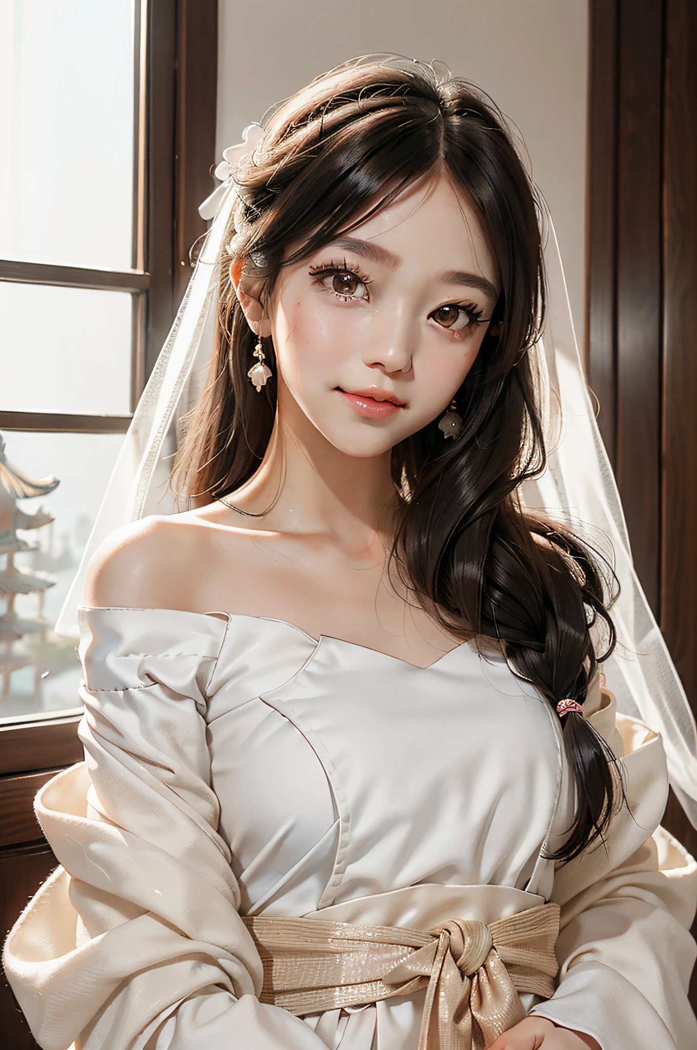 A beautiful and cute little girl, highest quality, exquisite picture, Tyndall effect, big eyes, long eyelashes, peach off-the-shoulder top, white Hanfu, Chinese Hanfu, wearing Hanfu, white veil, short brown hair, perfect facial features, clear face, delicate lips, smile, clean and beautiful background, gentle light, modern, realistic