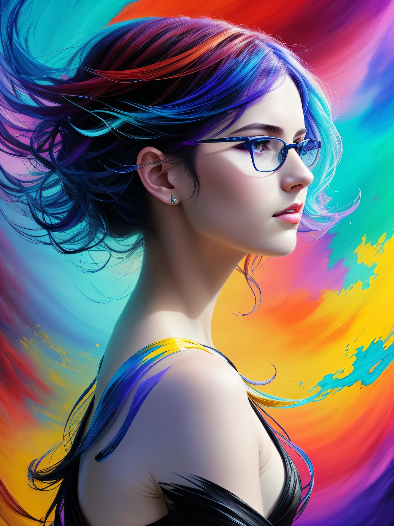 Colorful beautiful girl with glasses: a giru 28-years old, short hair, oil painting, nice perfect face with soft skinice perfect face, blue yellow colors, light purple and violet additions, light red additions, intricate detail, splash screen, 8k resolution, masterpiece, cute face,artstation digital painting smooth veryBlack ink flow: 8k resolution photorealistic masterpiece: intricately detailed fluid gouache painting: by Jean Baptiste Mongue: calligraphy: acrylic: watercolor art, professional photography, natural lighting, volumetric lighting maximalist photoillustration: by marton bobzert:, complex, elegant, expansive, fantastical,  wavy hair, vibrant, Best quality details, realistic, High definition, High quality texture, epic lighting, Cinematic film still, 8k, soft lighting, anime style, masterful playing card border, random Colorful art, oil painting, blue yellow colors, light purple and violet additions, light red additions, intricate detail, splash screen, 8k resolution, masterpiece, artstation digital painting smooth veryBlack ink flow: 8k resolution photorealistic masterpiece: intricately detailed fluid gouache painting: by Jean Baptiste Mongue: calligraphy: acrylic: watercolor art, professional photography, natural lighting, volumetric lighting maximalist photoillustration: by marton bobzert:, complex, elegant, expansive, fantastical, vibrant