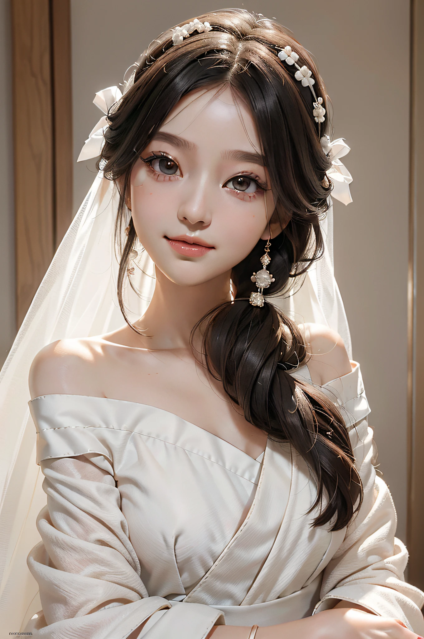 A beautiful and cute little girl, highest quality, exquisite picture, Tyndall effect, big eyes, long eyelashes, peach off-the-shoulder top, white Hanfu, Chinese Hanfu, wearing Hanfu, white veil, short brown hair, perfect facial features, clear face, delicate lips, smile, clean and beautiful background, gentle light, modern, realistic