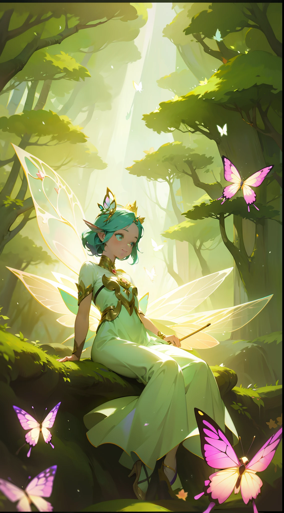 Cartoon style girl in forest with cat and butterfly, fairy queen with summer background, fantasy maple story style, astral fairy brings smile and purity, ethereal flower punk, gorgeous angel, blooming ethereal effect, fairy gorgeous gorgeous in the forest, fantasy fairy in fantasy costume, its swing is about to come out, in fantasy dress.