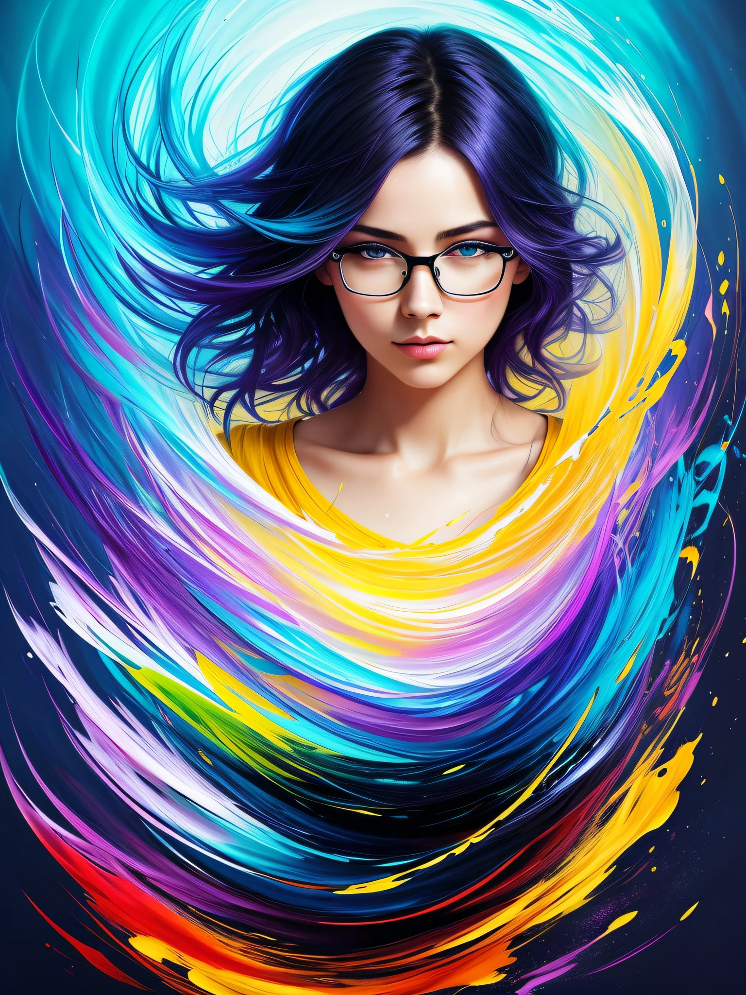 Colorful beautiful girl with glasses: a giru 28-years old, short hair, oil painting, nice perfect face with soft skinice perfect face, blue yellow colors, light purple and violet additions, light red additions, intricate detail, splash screen, 8k resolution, masterpiece, cute face,artstation digital painting smooth veryBlack ink flow: 8k resolution photorealistic masterpiece: intricately detailed fluid gouache painting: by Jean Baptiste Mongue: calligraphy: acrylic: watercolor art, professional photography, natural lighting, volumetric lighting maximalist photoillustration: by marton bobzert:, complex, elegant, expansive, fantastical, wavy hair, vibrant, Best quality details, realistic, High definition, High quality texture, epic lighting, Cinematic film still, 8k, soft lighting, anime style, masterful playing card border, random Colorful art, oil painting, blue yellow colors, light purple and violet additions, light red additions, intricate detail, splash screen, 8k resolution, masterpiece, artstation digital painting smooth veryBlack ink flow: 8k resolution photorealistic masterpiece: intricately detailed fluid gouache painting: by Jean Baptiste Mongue: calligraphy: acrylic: watercolor art, professional photography, natural lighting, volumetric lighting maximalist photoillustration: by marton bobzert:, complex, elegant, expansive, fantastical, vibrant