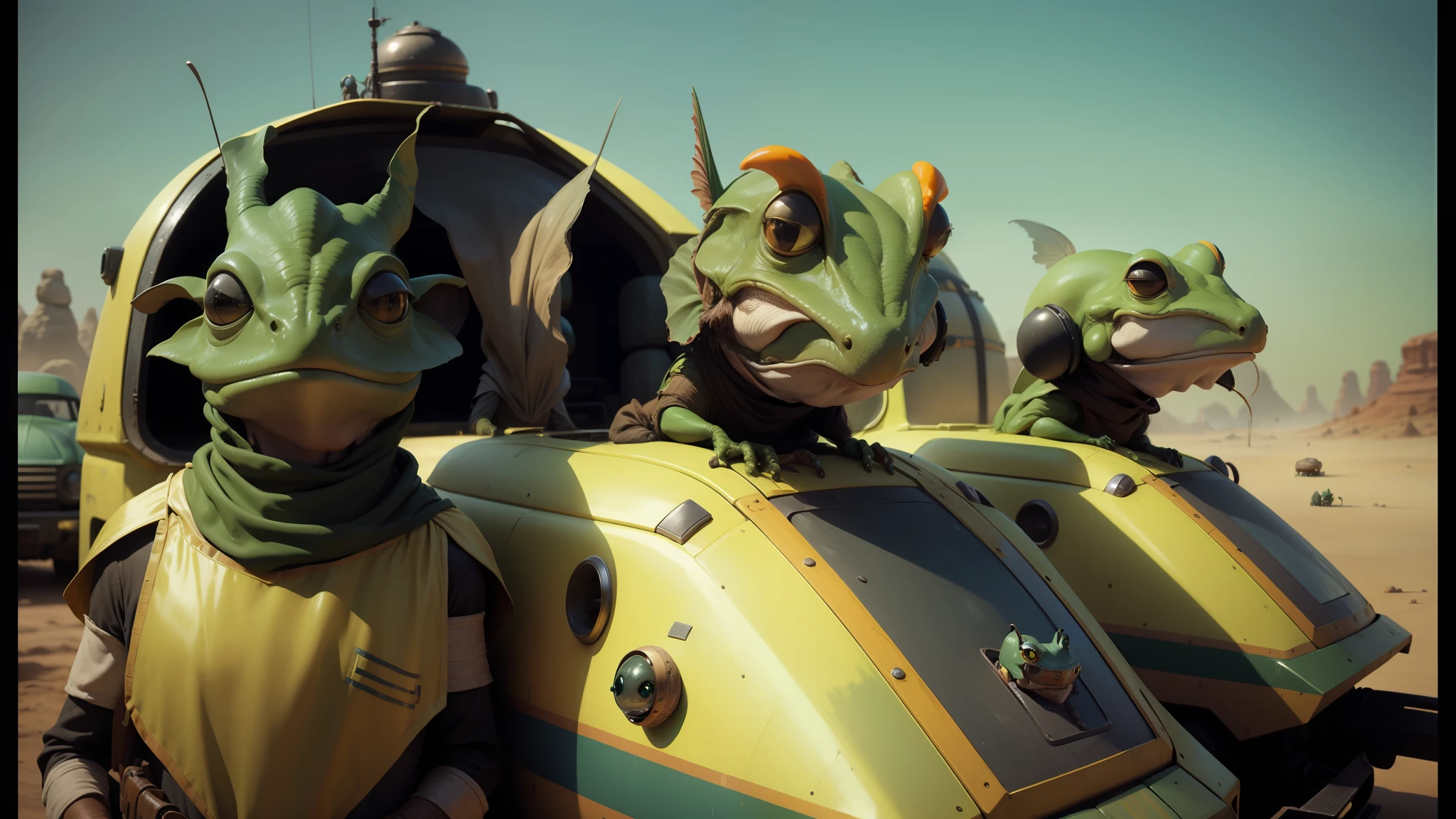 there are three alien heads on the back of a vehicle, standing in a cantina, colorkey scene, realistic faces and details, chroma green background, war boys, mousefolk, fishpeople, land of advanced races, tie, exotic costumes, frogs, spaceport, beetles