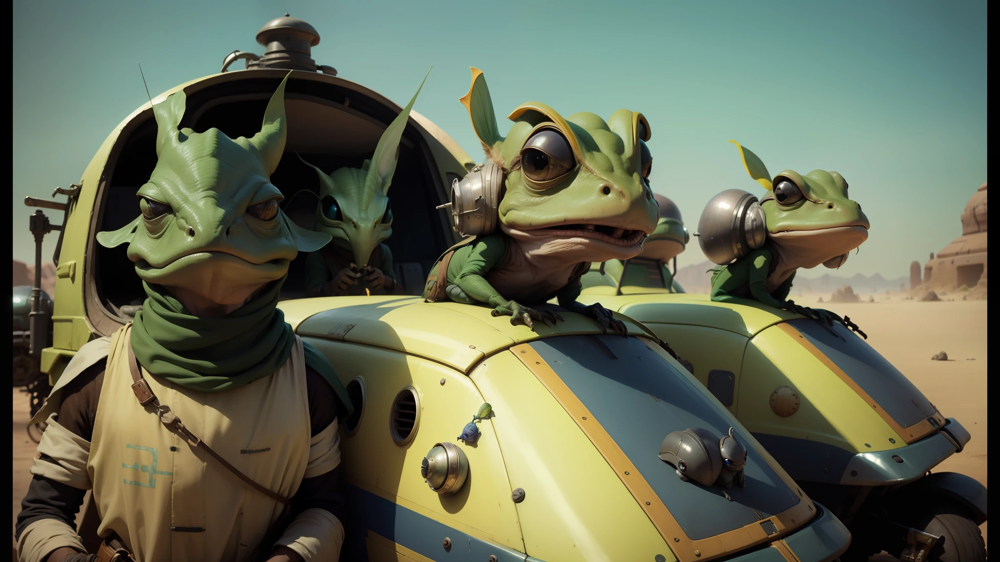 there are three alien heads on the back of a vehicle, standing in a cantina, colorkey scene, realistic faces and details, chroma green background, war boys, mousefolk, fishpeople, land of advanced races, tie, exotic costumes, frogs, spaceport, beetles