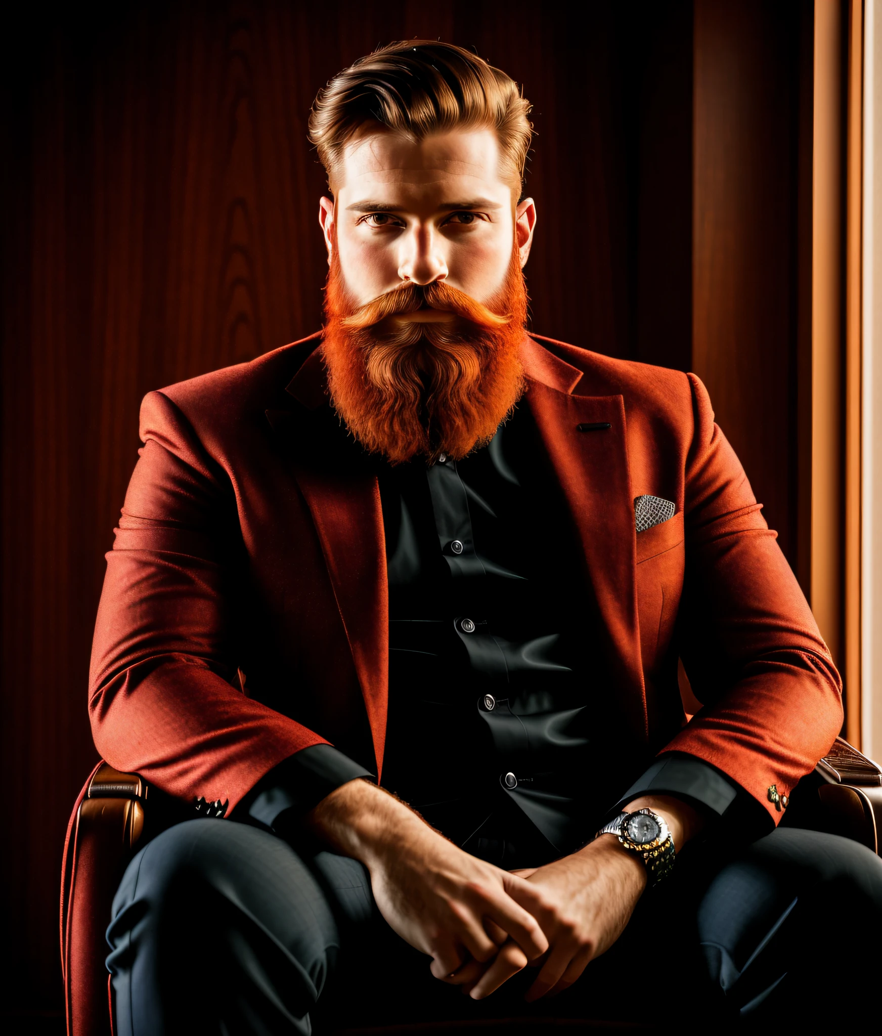 man with a black beard sitting on a chair, beard, matte black beard, well-groomed model, very attractive man with beard, handsome bearded man, portrait shot, bearded ginger man with glasses, bearded portrait, epic and elegant, wearing a black and red suit, bearded man, an old man with a ginger beard, black hair, illuminated background