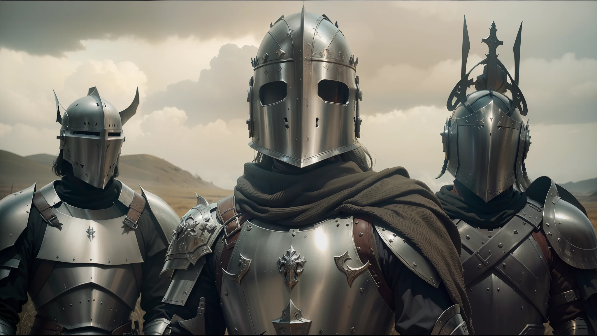 there are three men in armor standing together in a field, highly detailed surreal vfx, cgi 8k, holy medieval crusader, wlop and andrei riabovitchev, wastelands, paladin!, comixwave films, anamorphic flares, dark brotherhood, vikings, jerusalem, cgsociety 9, ornate dramatic bat wing helmet