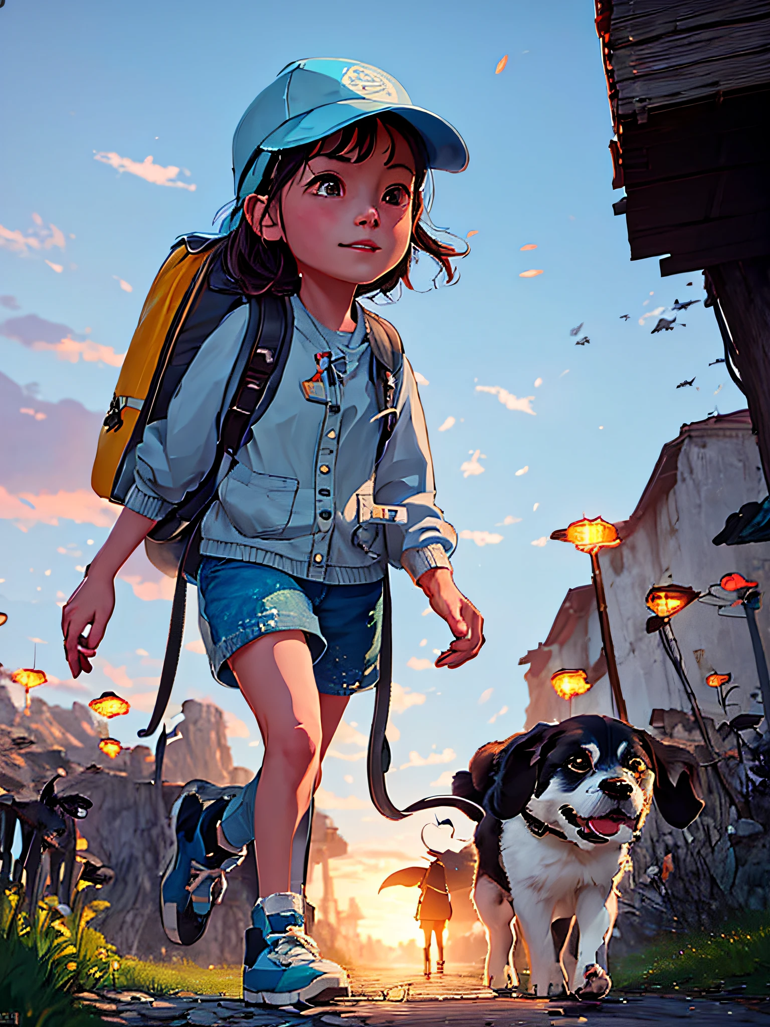 there is a girl walking with a dog on a path, adorable digital painting, childrens art in artstation, atey ghailan 8 k, artwork in the style of guweiz, wojtek fus, adventure hyper realistic render, cute detailed digital art, beautiful digital painting, small character. unreal engine 5, digital painting concept art, by Zeng Jing