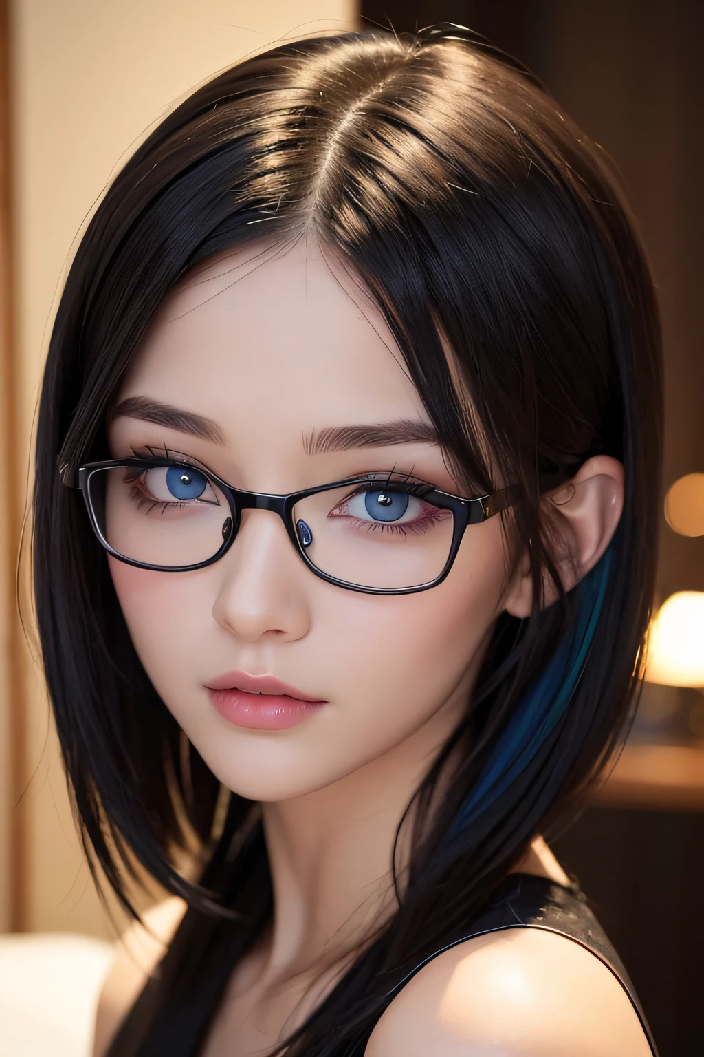 masterpiece, best quality, beautiful young woman with glasses, shiny blue eyes, (detailed pupils:1.2), eyelash, beautiful black hair, streaked hair, multi color, short hair, perfect face, detailed,