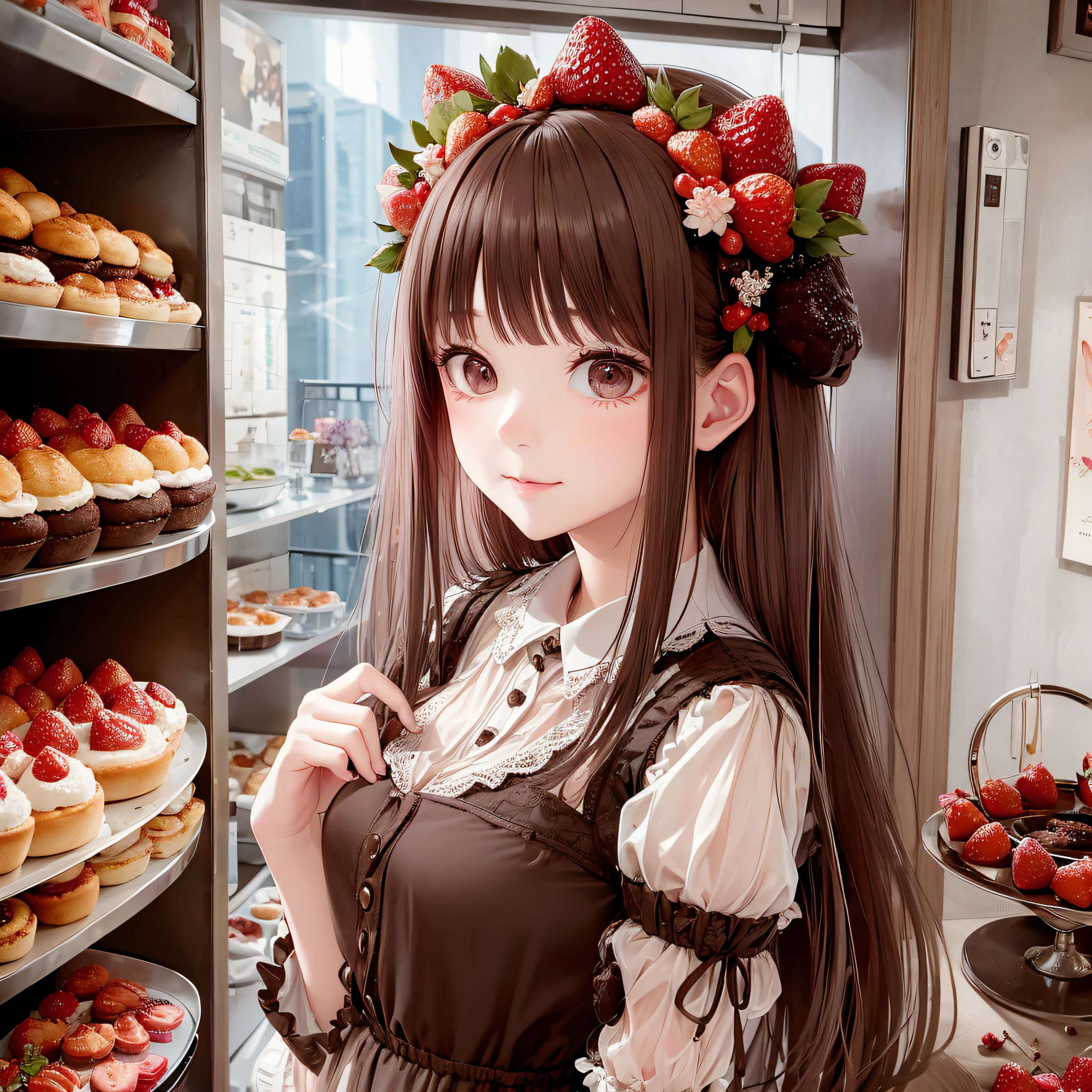 Very cute girl, surrounded by lots of strawberry cakes, chocolate cakes, donuts, sweets, 8K, dynamic wallpaper, very delicate, very dense --auto --s2
