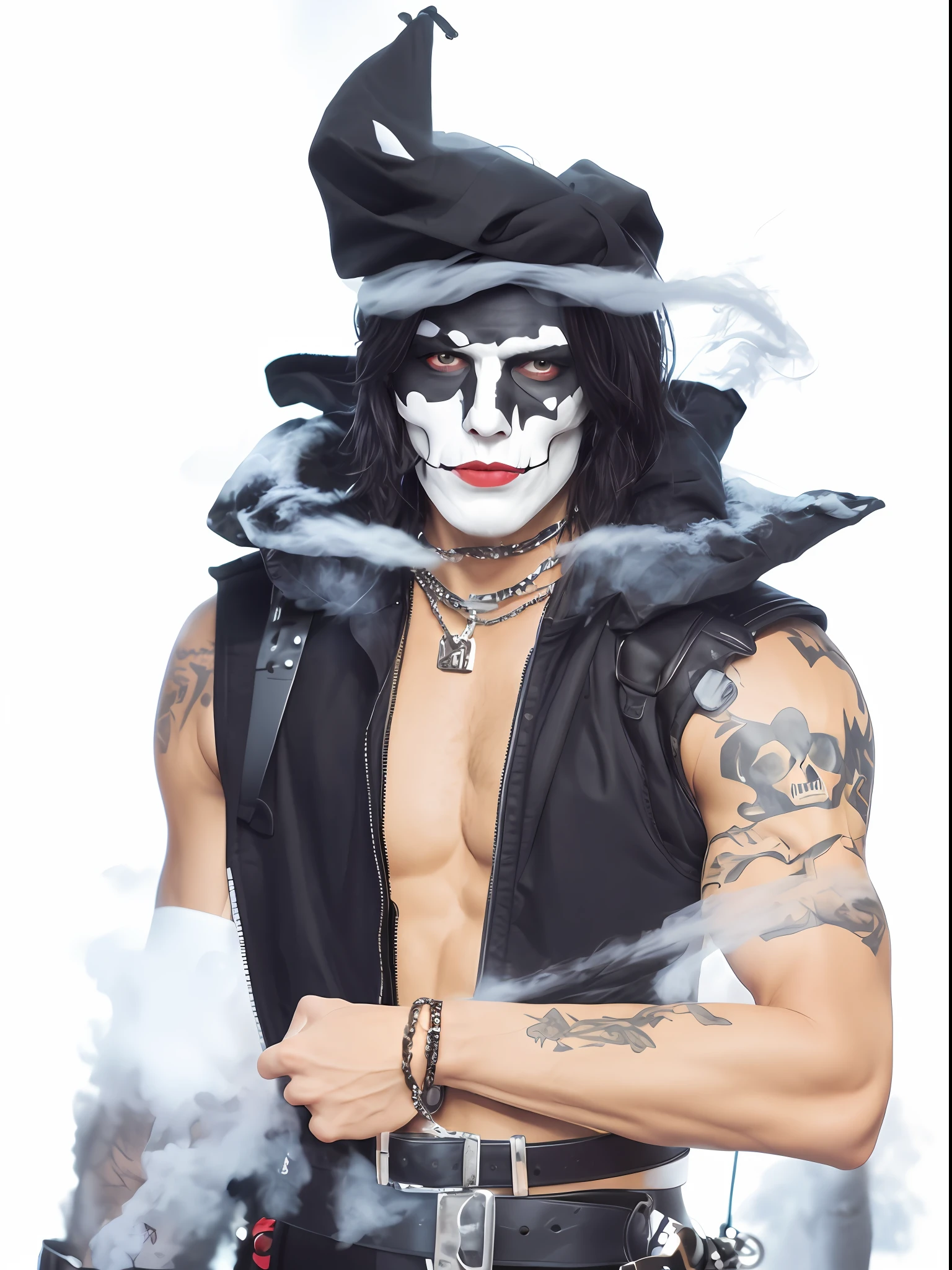 finished masterpiece man, close up portrait, (contrasting bright colors:1.4), clear contour, solo, musician rock group kiss, (Red lips:1.2), ((white face)), (angry:1.1), (detailed male face:1.2), torn leather jacket over naked bod, athletic body, black and white face makeup, black realistic hair, gray headband, (skull belt buckle:1.2), tattoos in the form of numbers on the shoulders, (metal armlets:1.2), chain around the neck, smoke billowing in the distance,depth of field