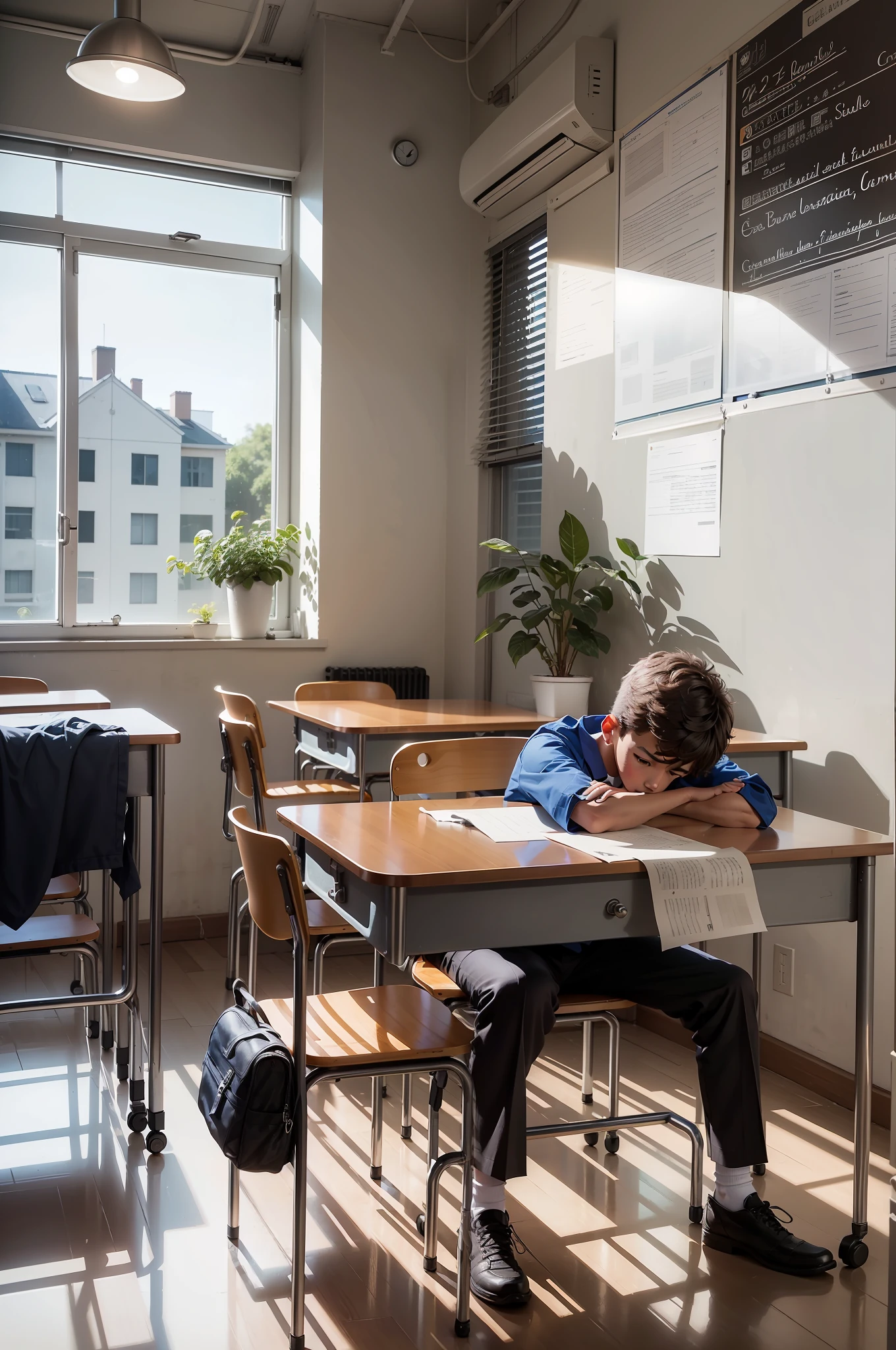 During an exam, a student (1boy) sitting in a classroom, surrounded by other students, wearing school uniform,(desk lamp adds a slightly blue cast:0.9), (window light that illuminates the left side:white balance increased slightly),slight shadow on the right side,somber and quiet mood, no distractions, no electronics,no texture and detail on desks and chairs,depth of field.