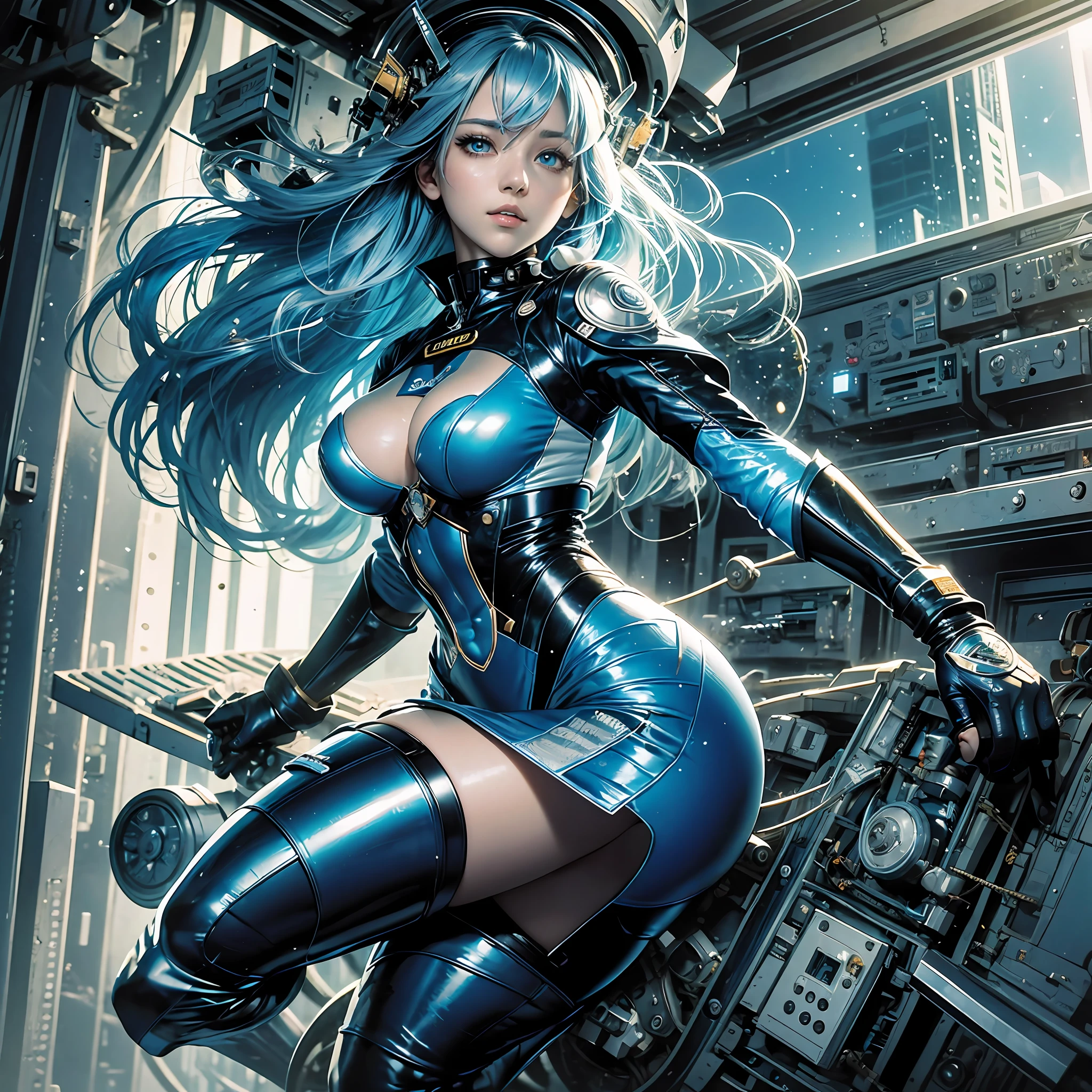 Full body, blue hair, blunt van, masterpiece, top quality, official art, album art, very elaborate CG Unity 8K wallpaper, lone girl, Japan girl, full body, super high resolution, (photorealistic: 1.4), dynamic angle, dynamic pose, mystical power, floating particles, reflection, so cute, sparkling blue color eyes, golden hour lighting, Pilot suit in white and blue and black colors, tight fitting clothes, full-body covering clothes, knee boots, (puffy eyes), viewer look, front-facing, beauty, medium breasts, shirt lift, metal wire, slim body, arm-length gloves, anime heroine, gentle smile, helmet, detailed cockpit --auto --s2
