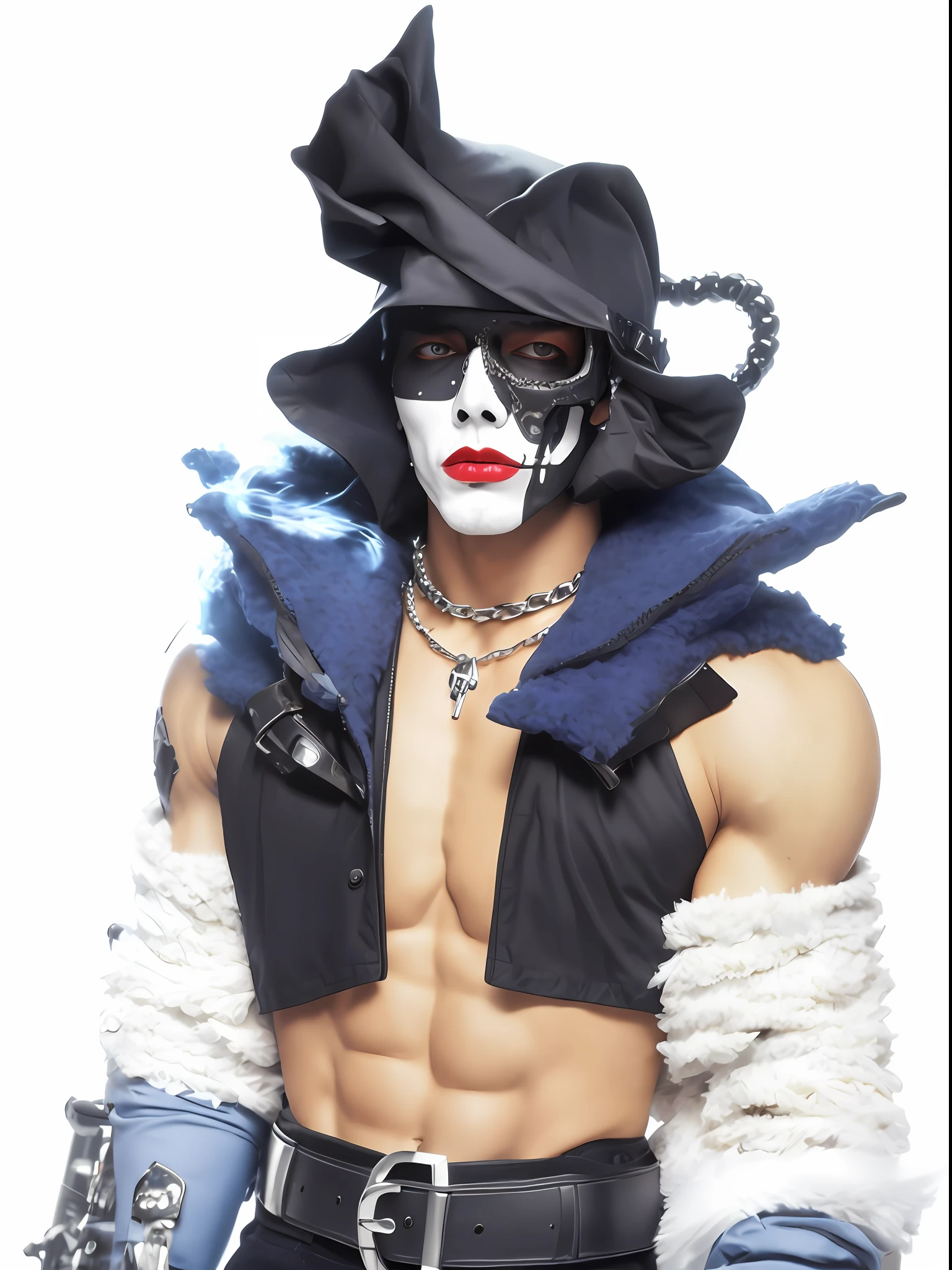 finished masterpiece man, close up portrait, (contrasting bright colors:1.4), clear contour, solo, musician rock group kiss, (Red lips:1.2), ((white face)), (angry:1.1), (detailed male face:1.2), torn leather jacket over naked bod, athletic body, black and white face makeup, black realistic hair, gray headband, (skull belt buckle:1.2), tattoos in the form of numbers on the shoulders, (metal armlets:1.2), chain around the neck, smoke billowing in the distance,depth of field