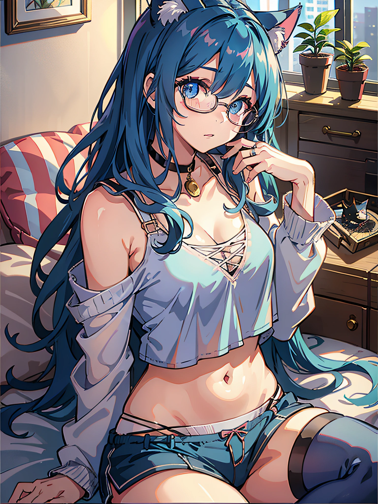 In the room, underwear, blush, bangs, hair rings, blue hair, cat ears, glasses