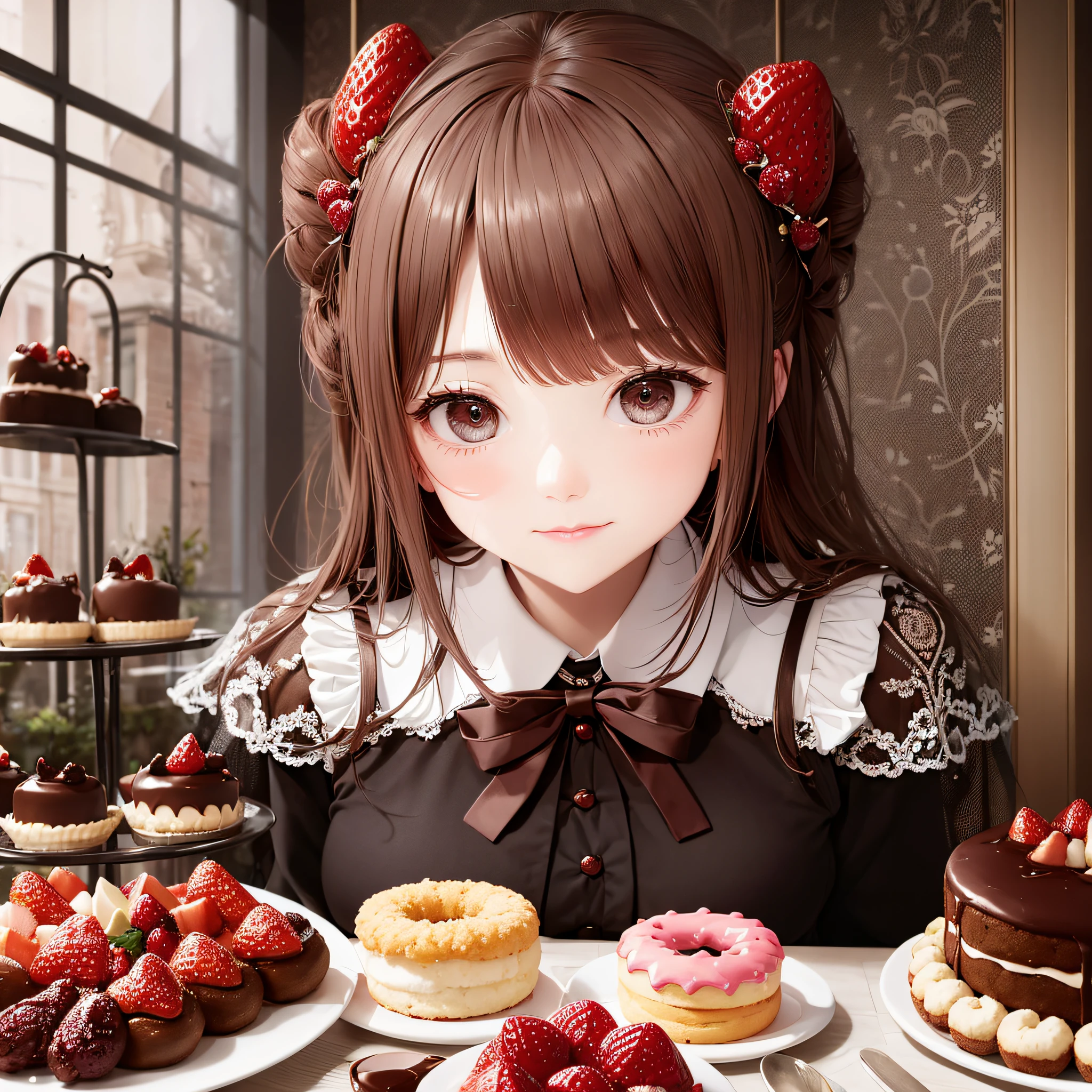 Very cute girl, surrounded by lots of strawberry cakes, chocolate cakes, donuts, sweets, 8K, dynamic wallpaper, very delicate, very dense --auto --s2