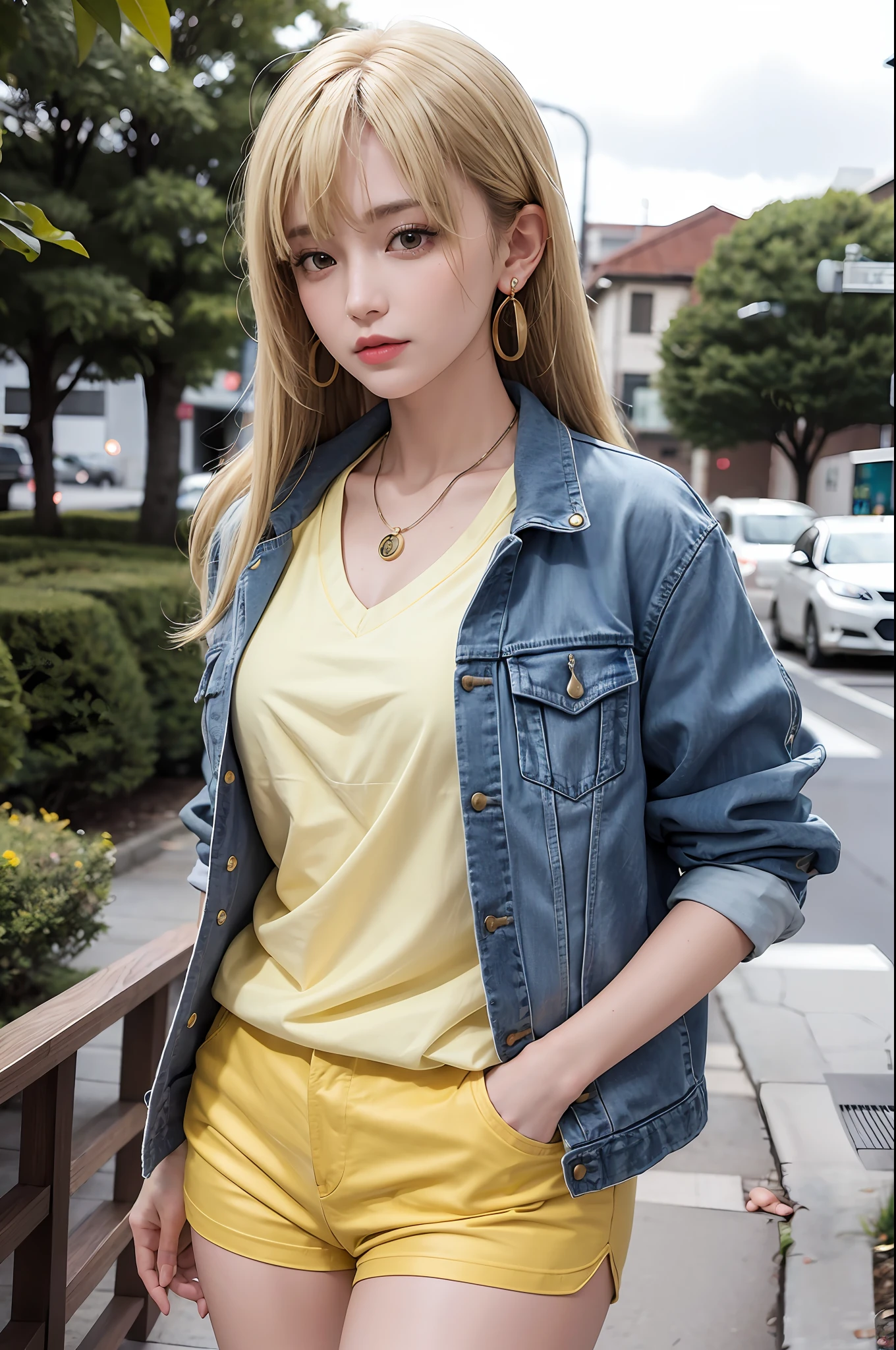 anime girl, 1girl, cute, bangs, blonde_hair, cowboy_shot, earrings, floral_print, jacket, jewelry, looking_at_viewer, necklace, shirt, Long_hair, shorts, solo, yellow_jacket, yellow_shirt, detail eyes, fantasy model, realistic, sharp details, intricate details, ultra-realistic,digitally enhanced,3d reference , 8k resolution, unapologetic grit, overexposure,sharp focus , UHD, 8K
