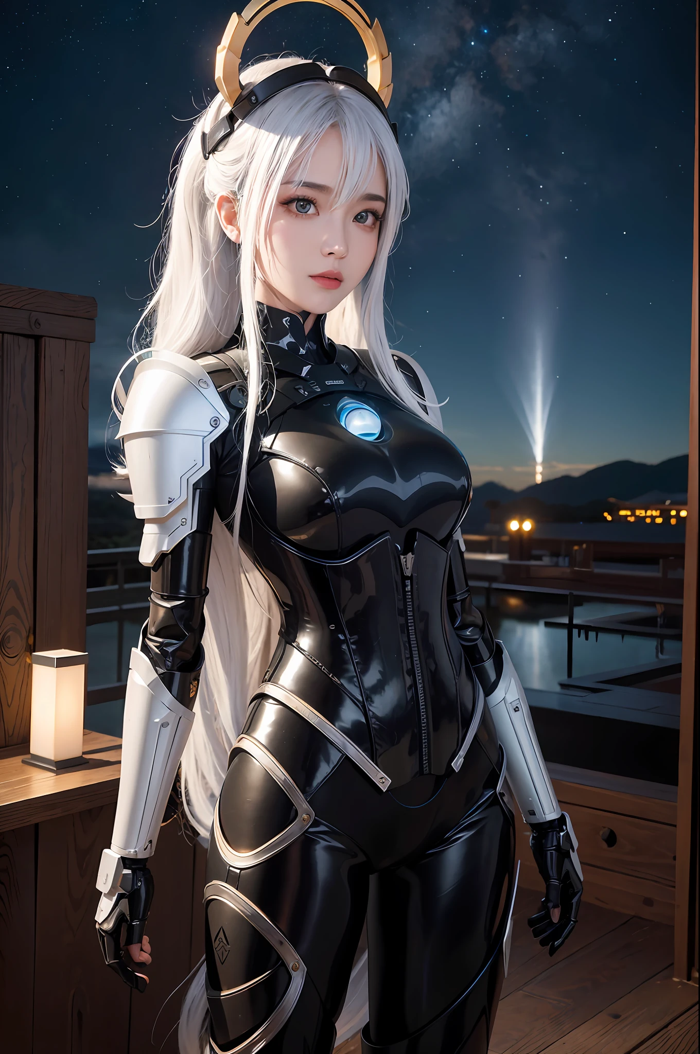 masterpiece,best quality,ultra-detailed,very detailed illustrations,extremely detailed,intricate details,highres,super complex details,extremely detailed 8k cg wallpaper,cowboy shot, caustics,reflection,ray tracing,demontheme,nebula,dark aura,cyber effect, (1girl:1.4),solo,alone,mecha musume,mechanical parts, robot joints,single mechanical arm, headgear, mechanical halo,star halo,intricate mechanical bodysuit, mecha corset, kimono, full armor, very long hair,white hair, hair between eyes, multicolored hair, colored inner hair, red eyes,glowing eye,eye trail, random expressions,random action, ancient japanese architecture,pond, starry sky,skyline,